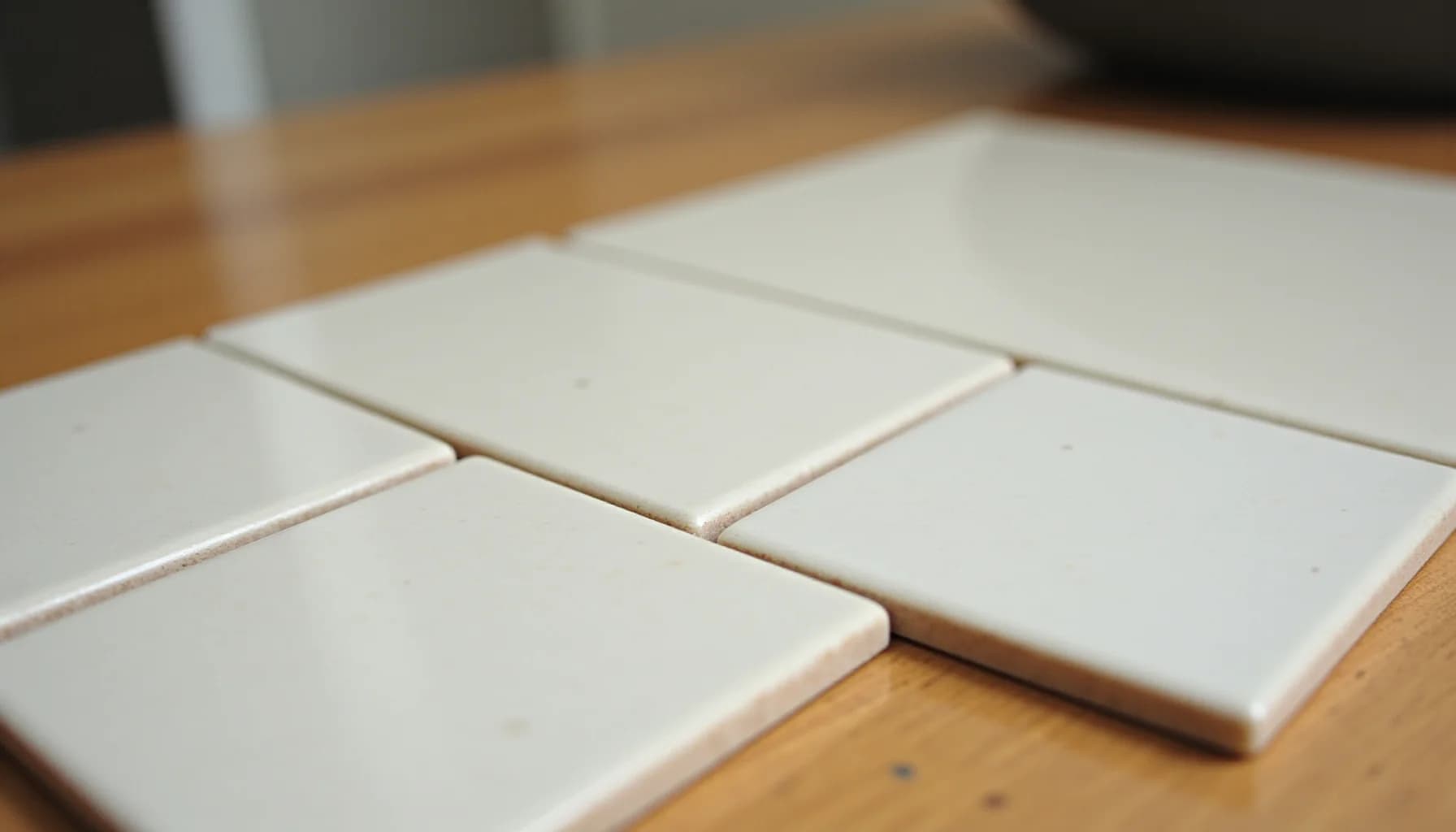Five white ceramic tiles arranged on a wooden surface, showing grout lines between them