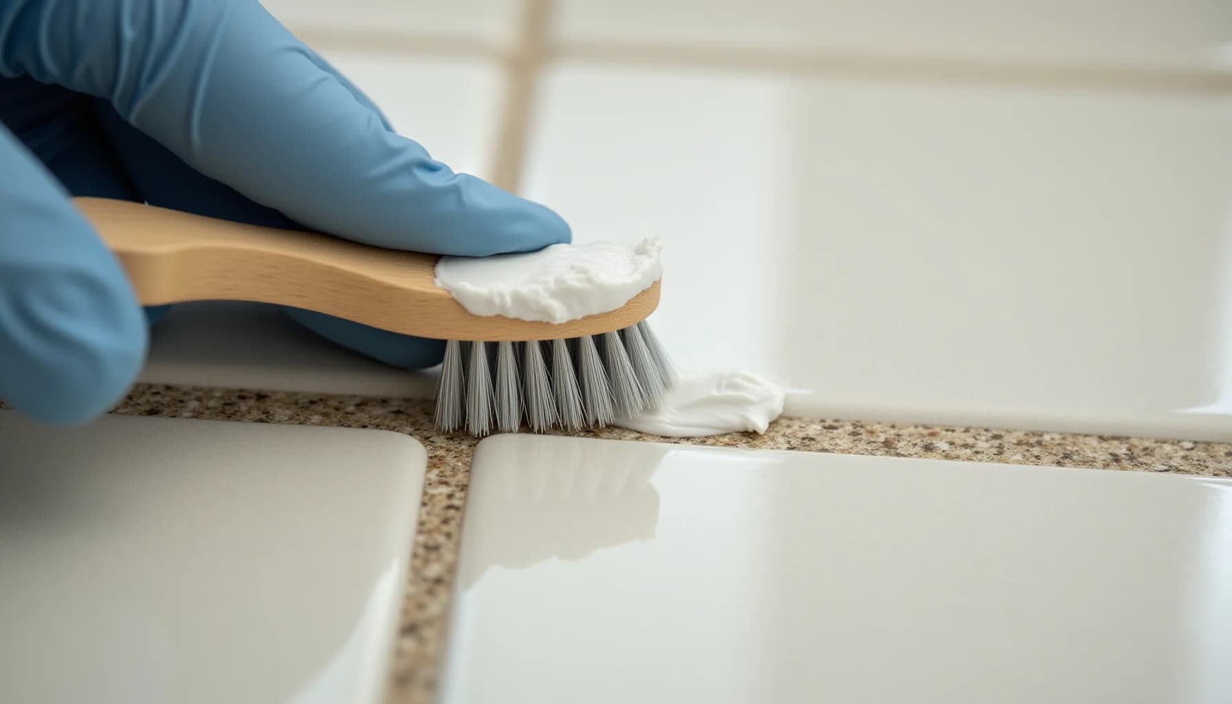 Gloved hand holding wooden brush with white cleaning paste, scrubbing beige grout line between light tiles