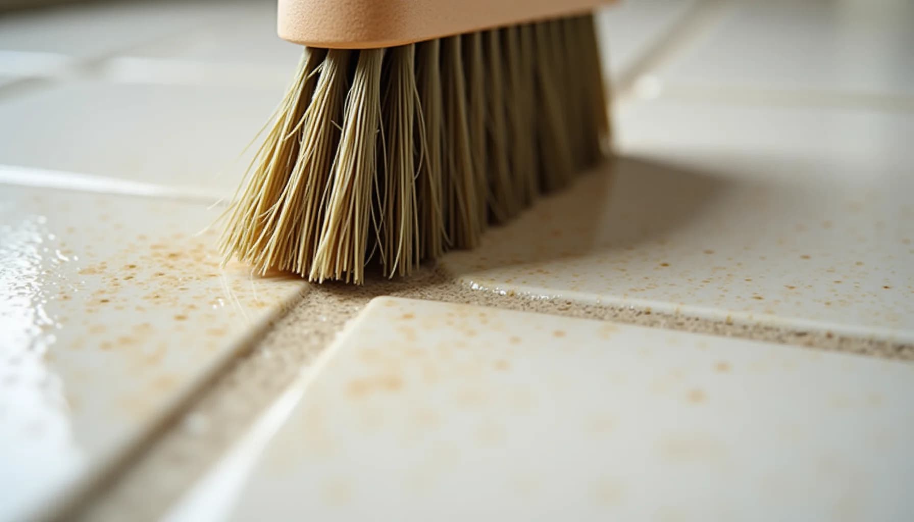 a brush with tan bristles and wooden handle sweeping dust from grout lines between beige floor tiles