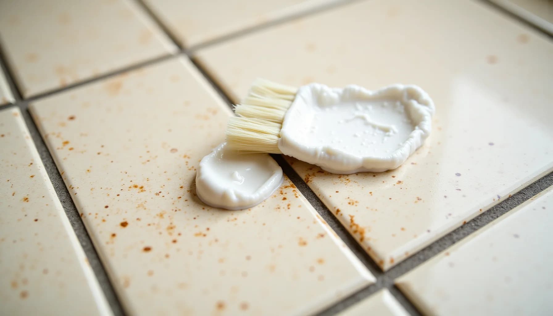 Cleaning brush with white paste on beige speckled tiles separated by gray grout lines