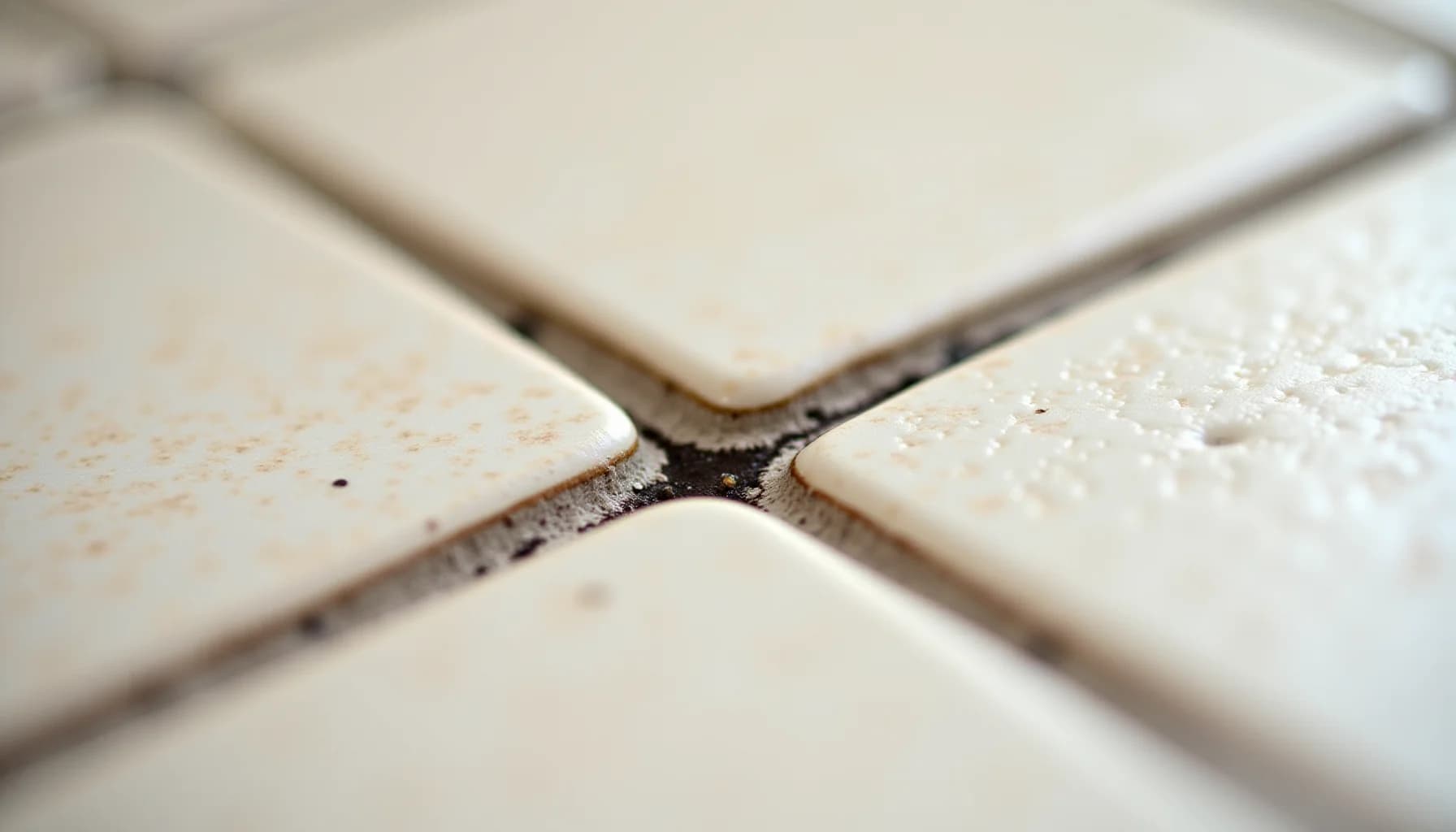 cream and white floor tiles with dark grout lines containing dirt and debris particles