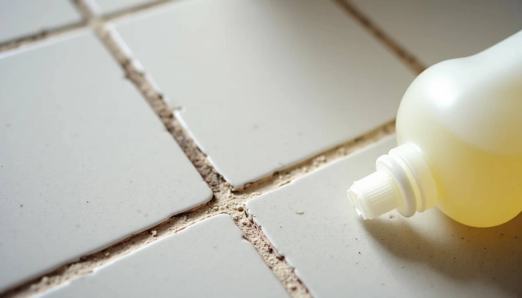 Bottle of yellow cleaning liquid dispensing onto grout lines between white ceramic floor tiles