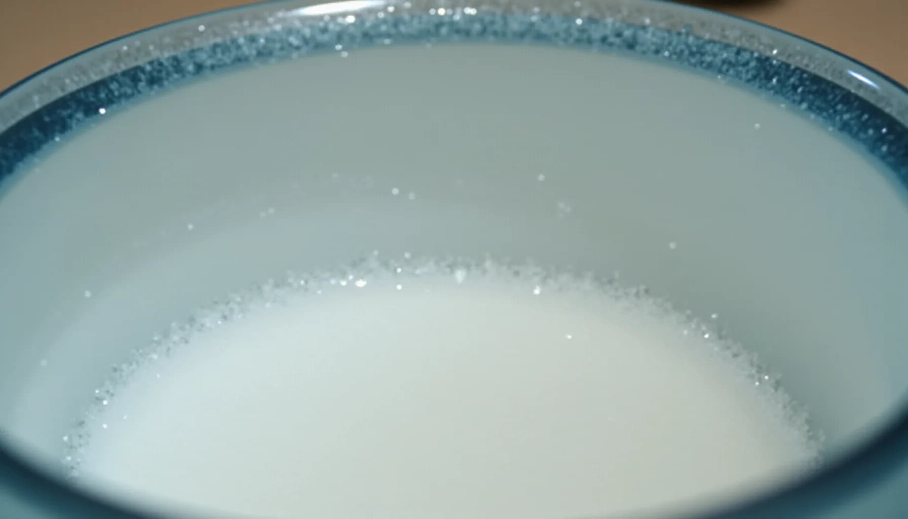 Blue-rimmed ceramic bowl filled with clear liquid and white foam or residue, viewed from above