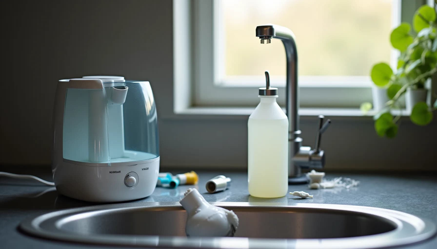 Kitchen counter with a humidifier, spray bottle, sink, faucet, plant, and cleaning supplies by a window