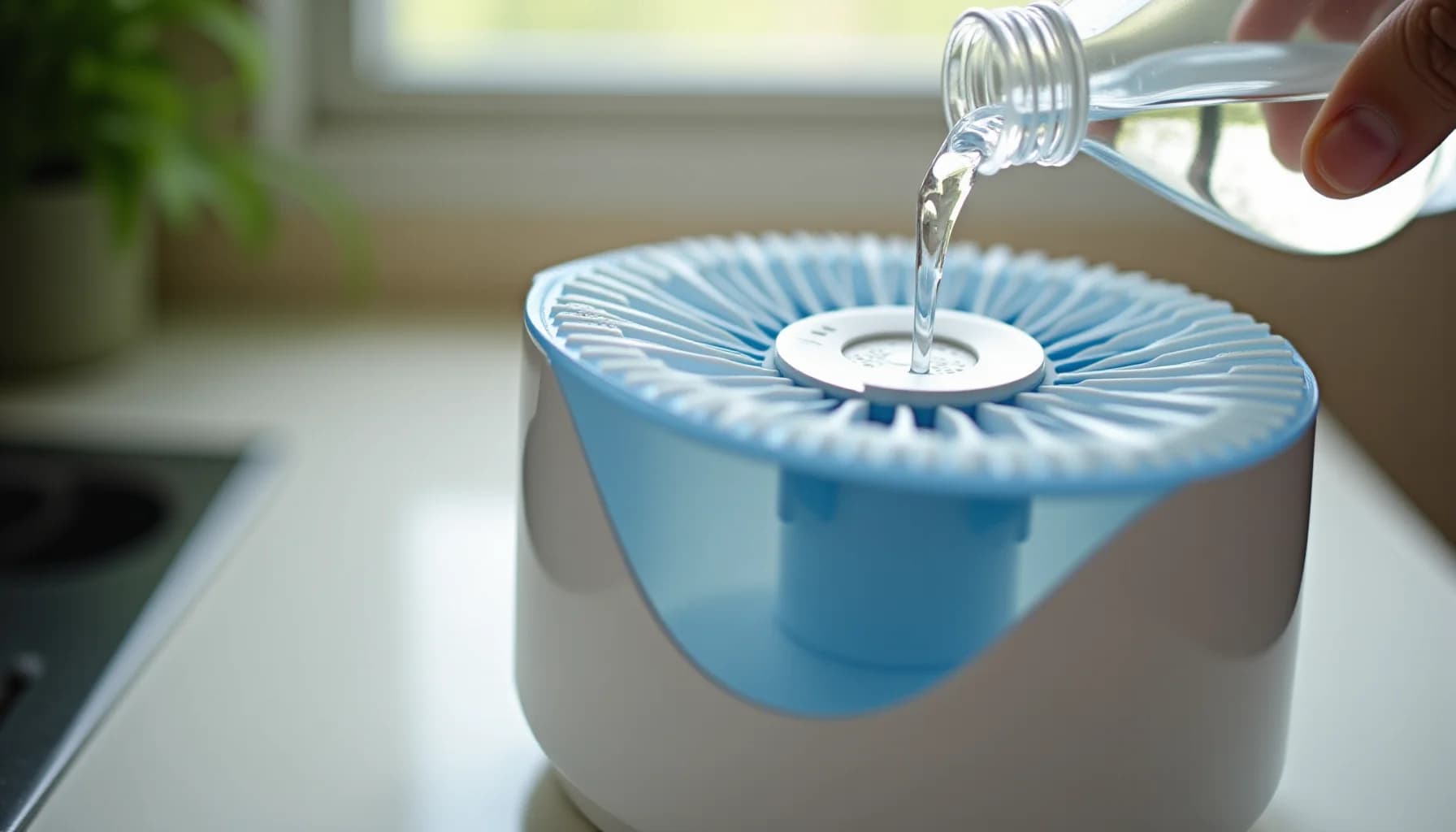 Hand pouring water from a glass into a blue and white humidifier device on a kitchen counter