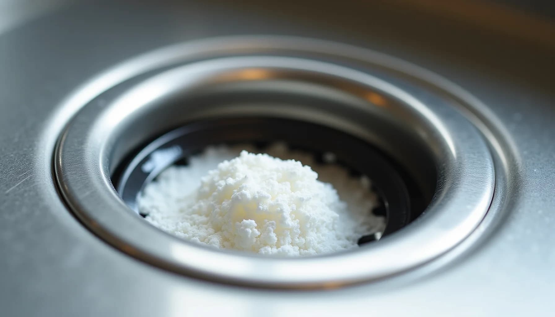 White powder heaped inside a metal sink drain opening, with concentric metal rings visible around the drain