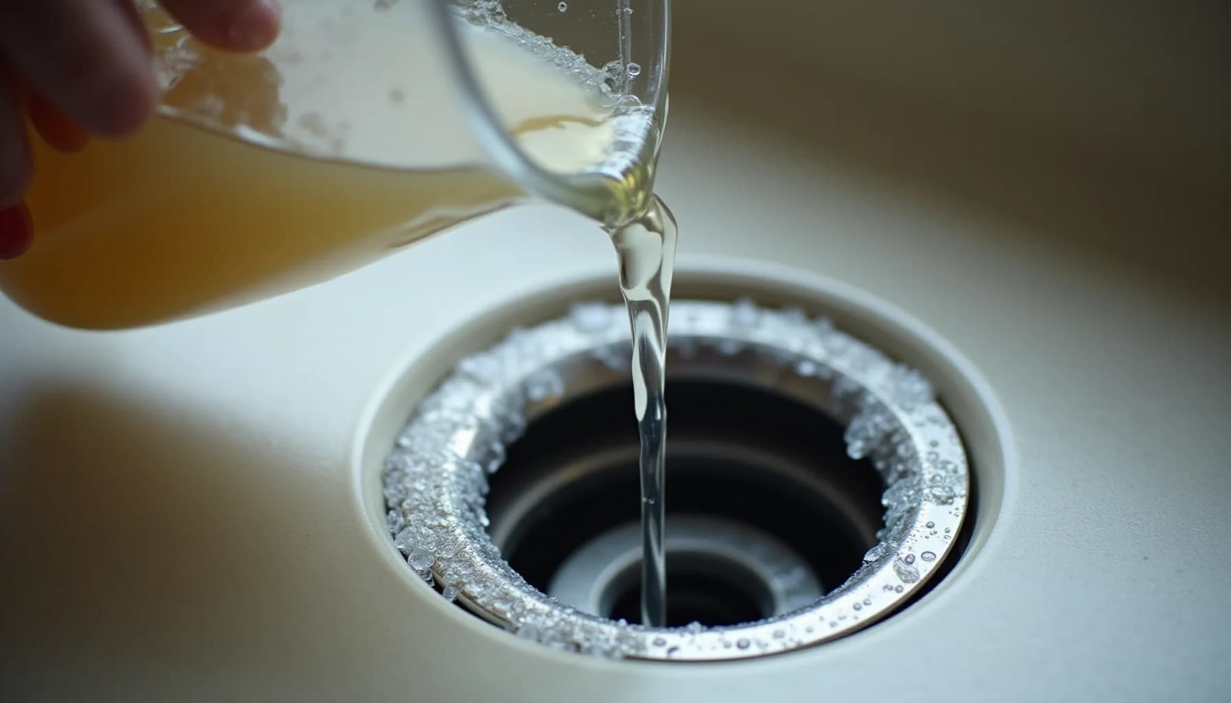 A hand pouring clear liquid from a glass into a wet kitchen sink drain opening, with water droplets visible around the