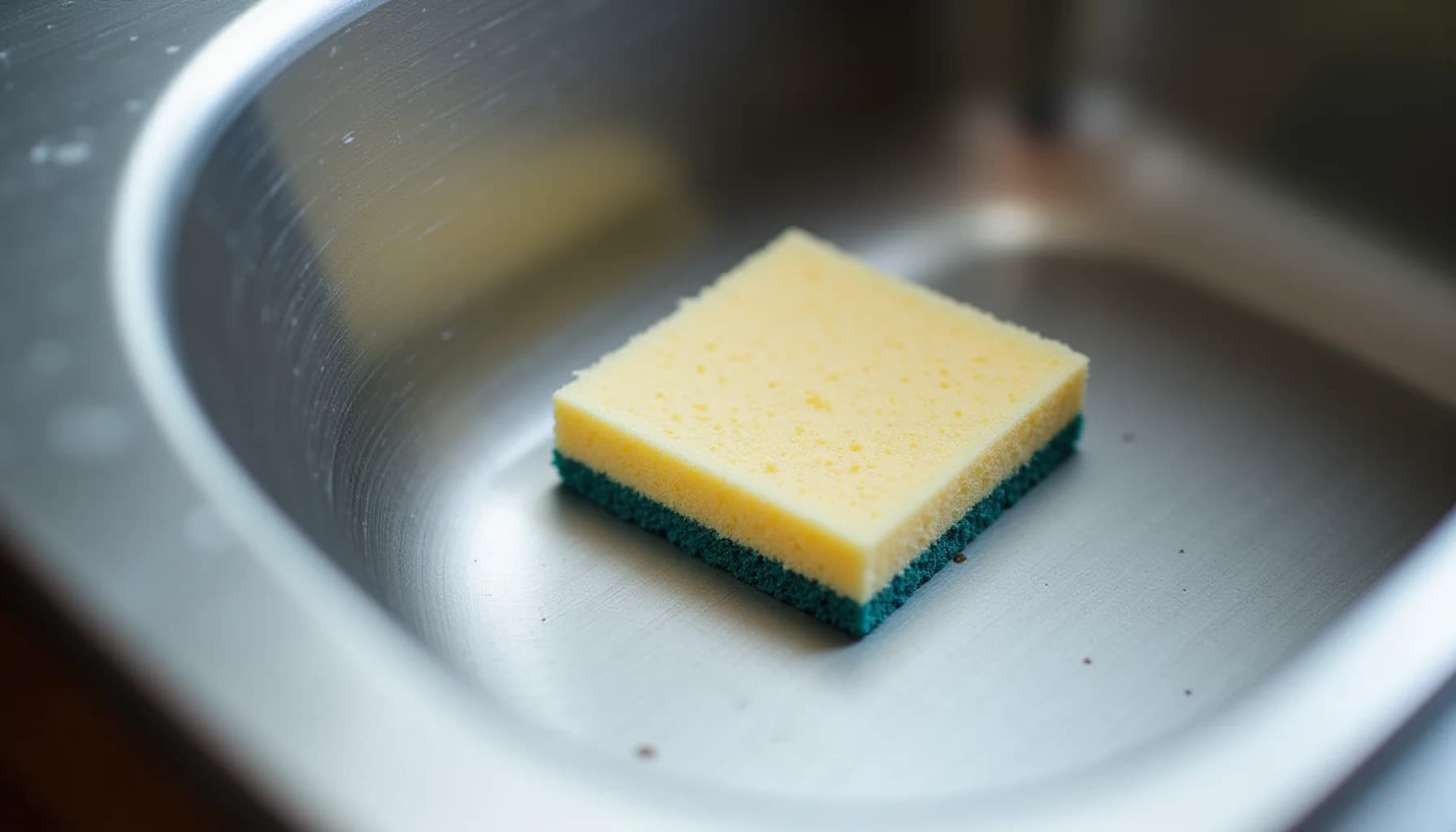 A yellow and green layered cleaning sponge resting on the bottom of a stainless steel kitchen sink basin
