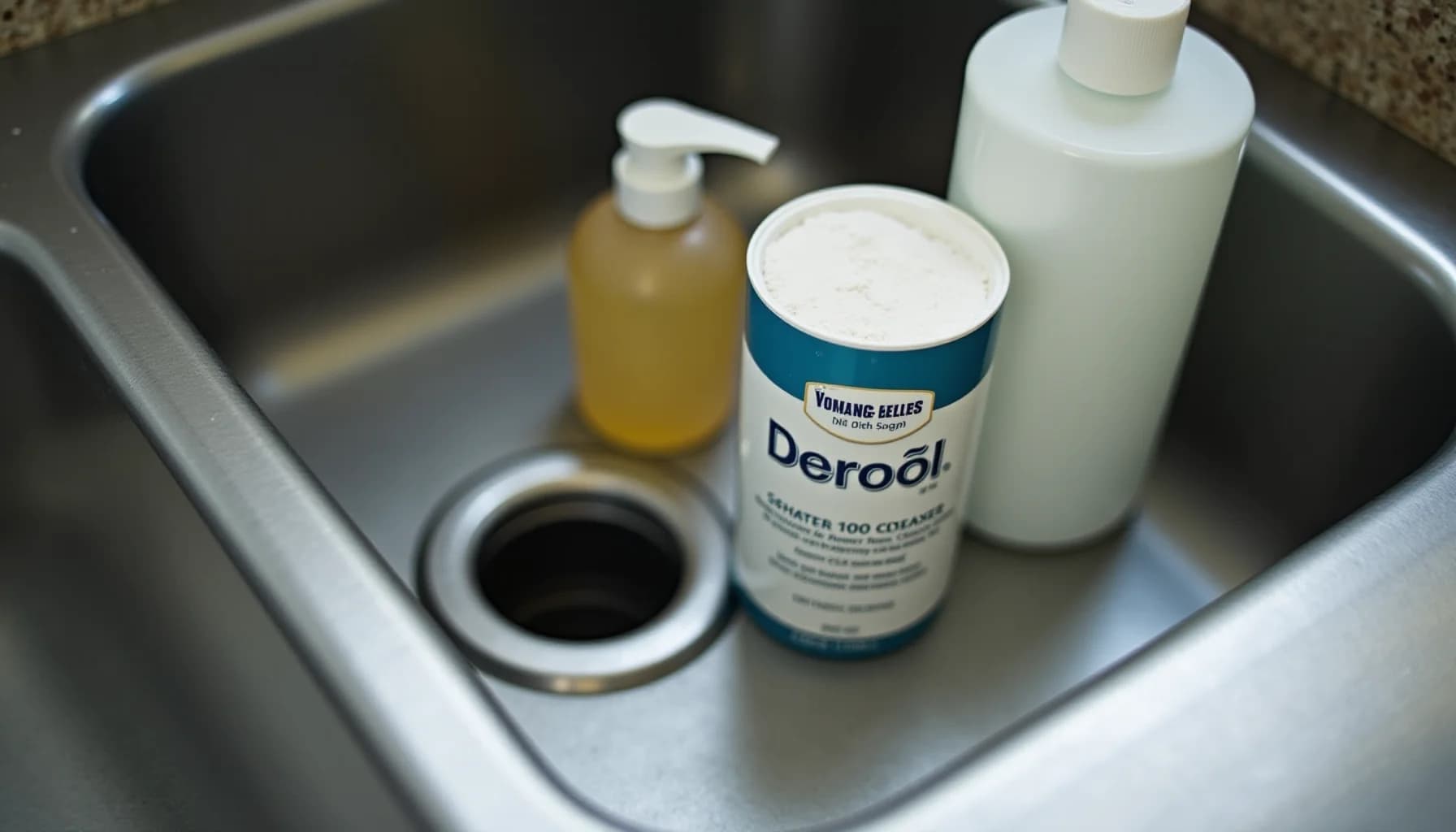 Cleaning supplies in a stainless steel sink: a yellow pump bottle, a teal-and-white container labeled Deroöl, a white