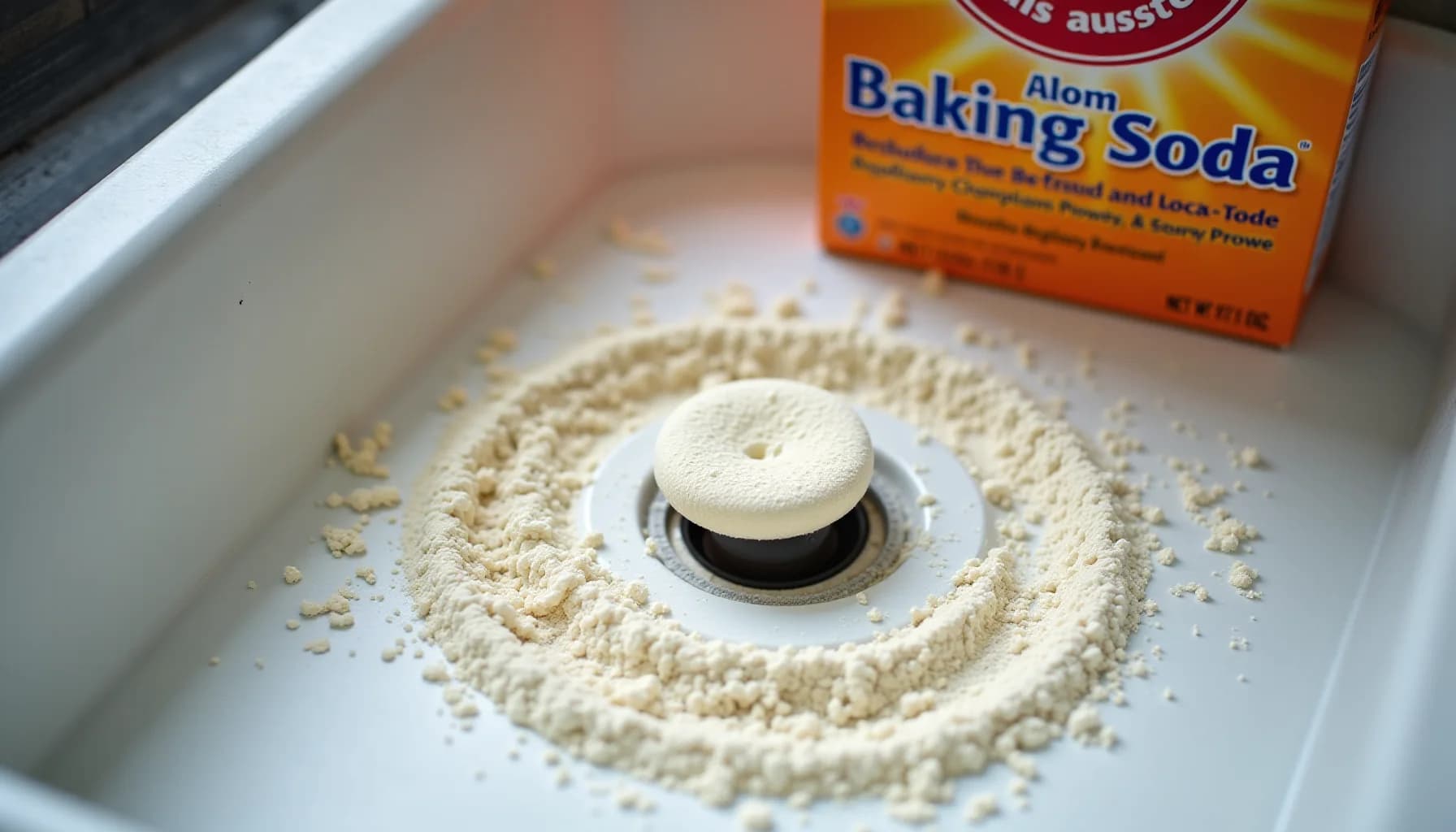 Baking soda powder arranged in a white tray with a metal scoop in the center, orange Alom Baking Soda box visible in