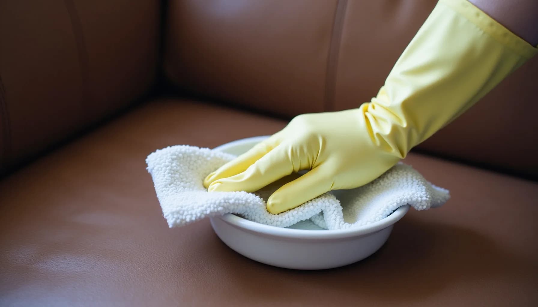 Hands wearing yellow rubber gloves holding a white cloth over a bowl, cleaning a brown leather couch surface