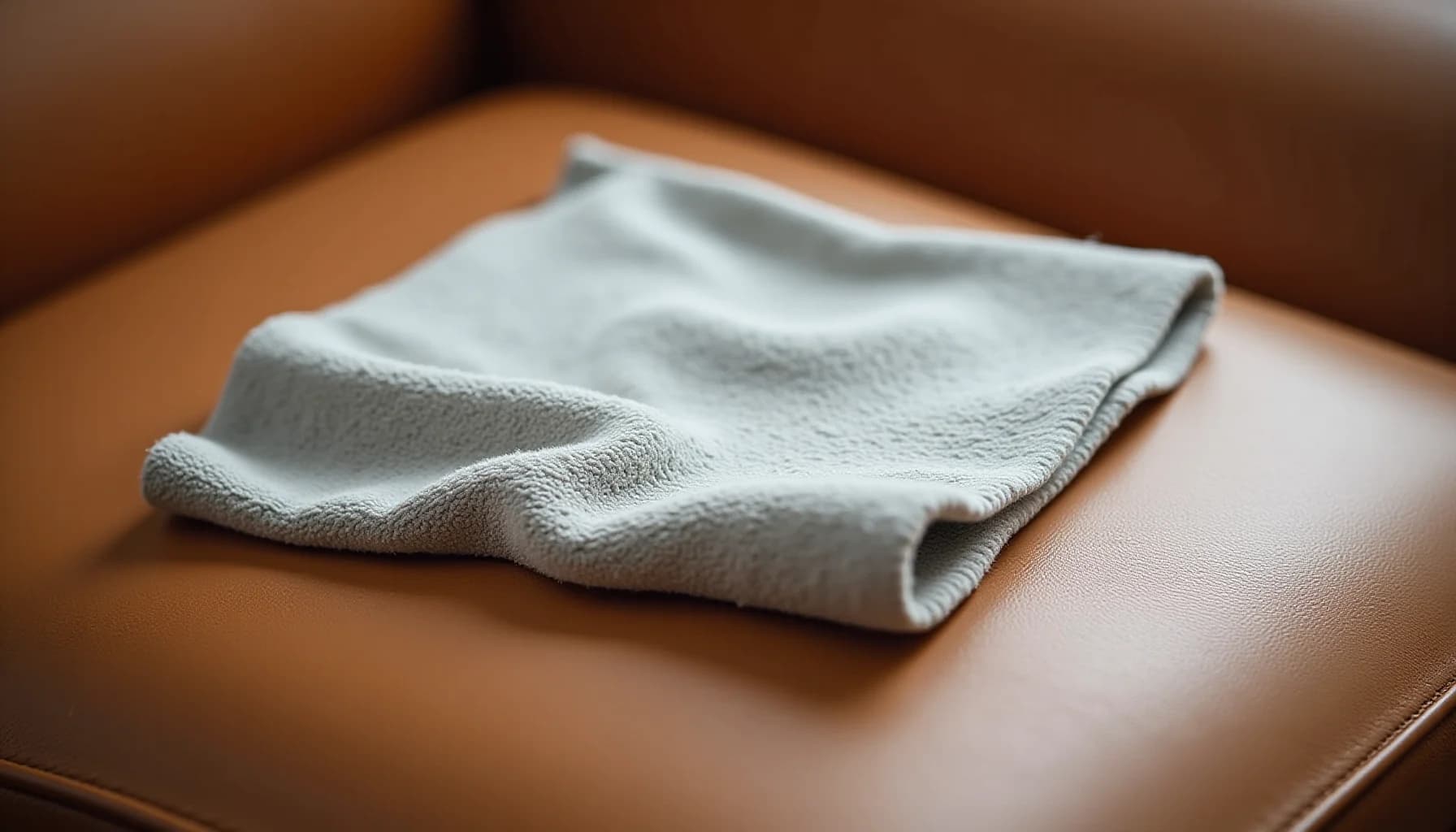 White textured microfiber cleaning cloth folded on a tan leather couch surface