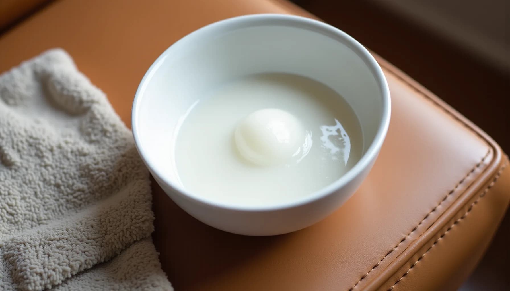 White ceramic bowl with cream-colored product on tan leather surface, folded gray cloth beside it