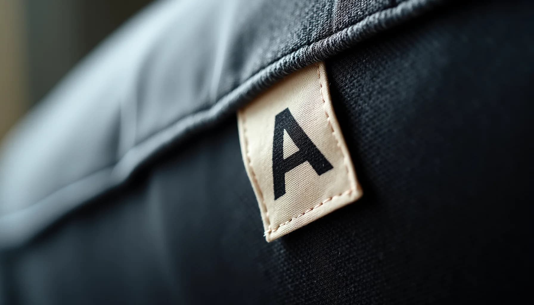 a cream-colored care label with black letter 'A' sewn onto dark textured fabric material