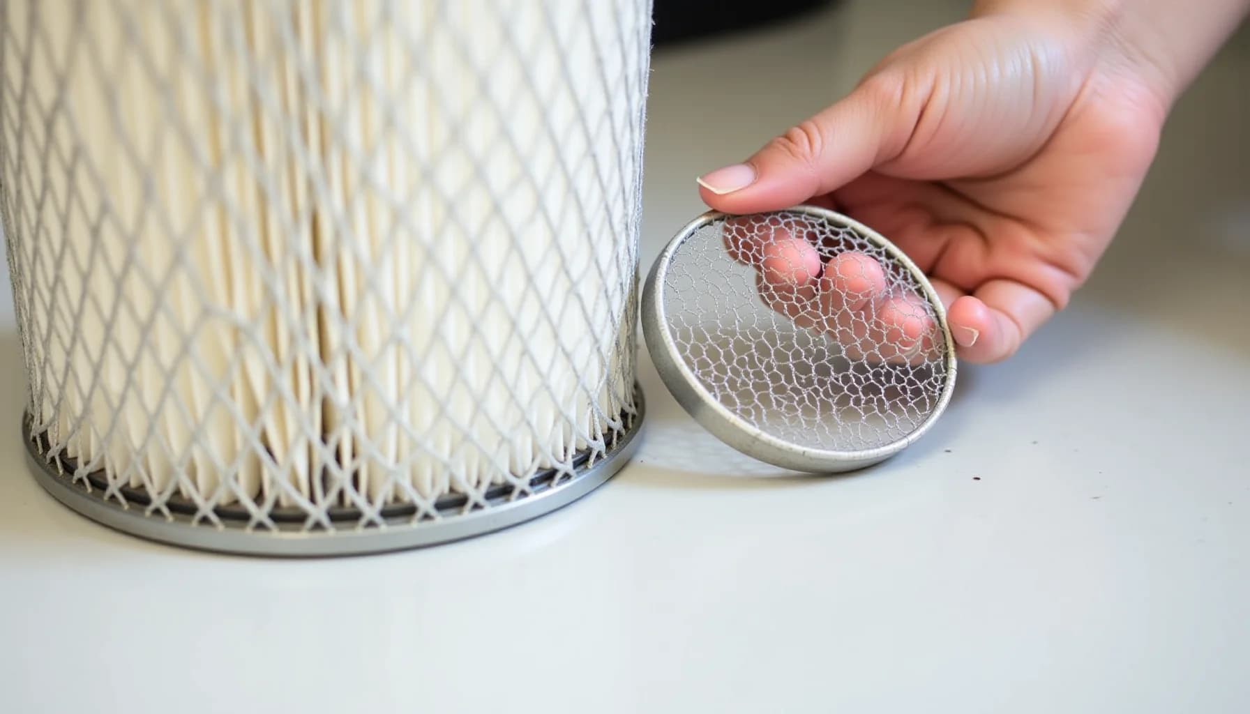 Hand holding a circular air purifier filter with mesh screen next to a cylindrical filter unit with white fiber
