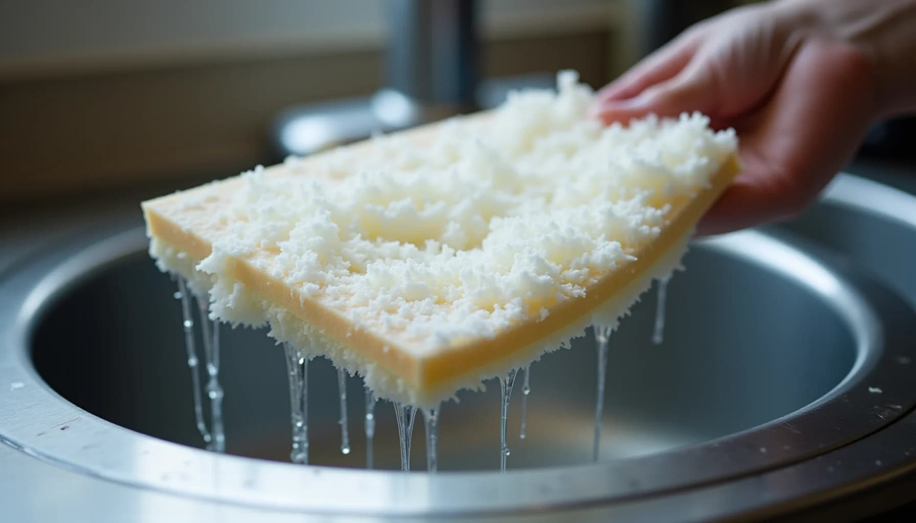 Hand holding a slice of coconut cake with white shredded topping over a gray plate, liquid dripping downward