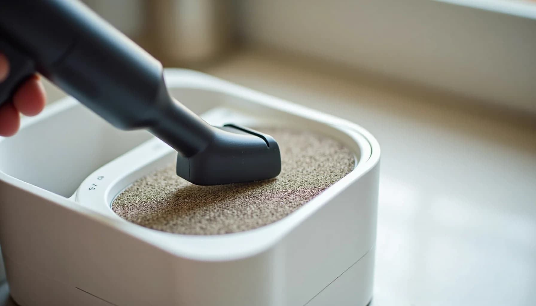 Hand holding black cleaning brush over white air purifier with tan granular filter visible inside