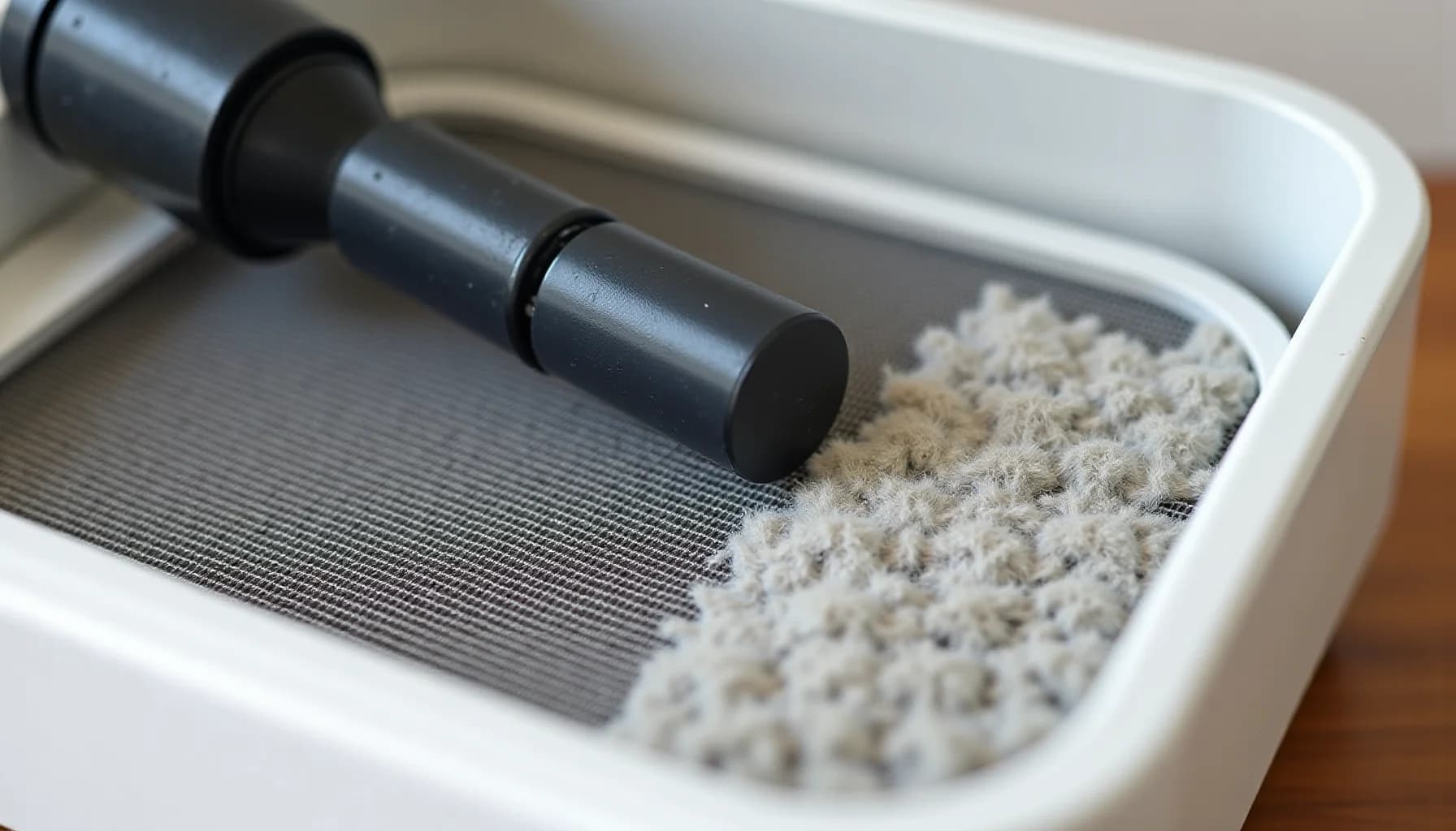 Black cylindrical cleaning tool next to white container holding mesh filter material and granular filler inside a white