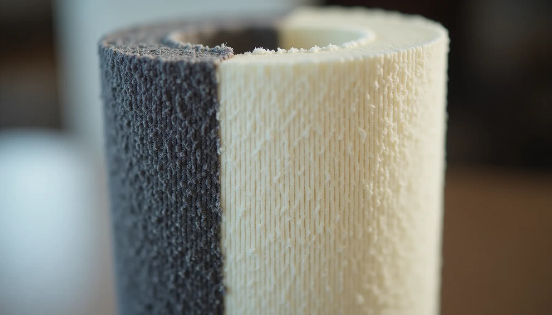two cylindrical filter materials side by side, one dark gray and one cream-colored, showing detailed textured fiber