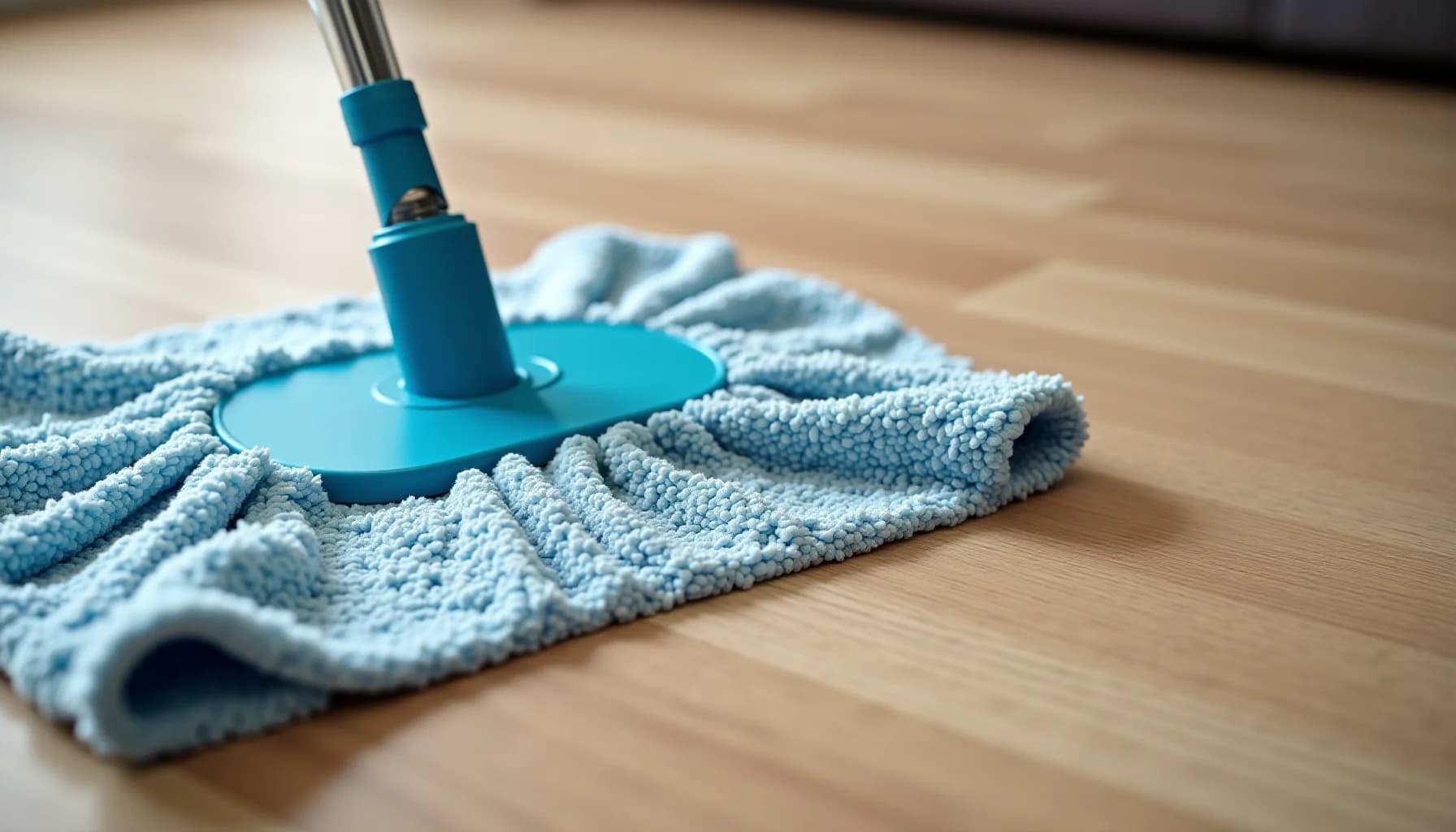 Blue mop head with metal handle and light blue microfiber pad on wooden floor