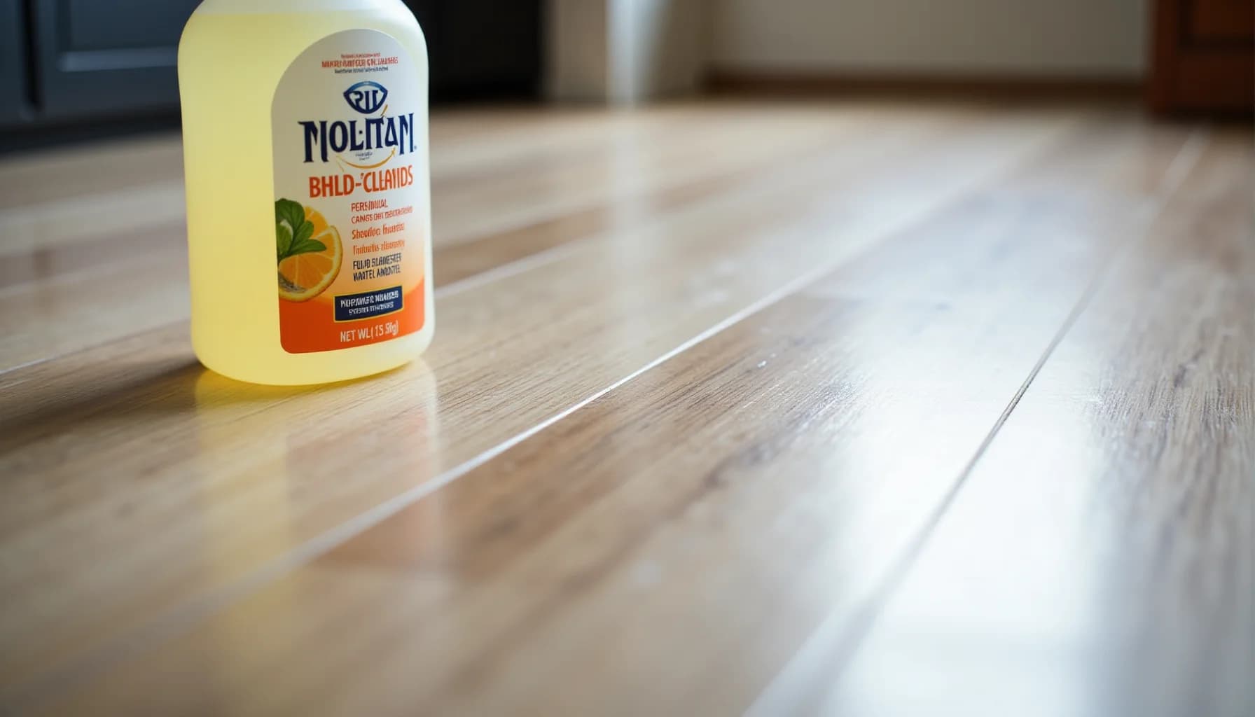 Molitan brand cleaning solution bottle with yellow liquid and orange label on light wood-grain flooring