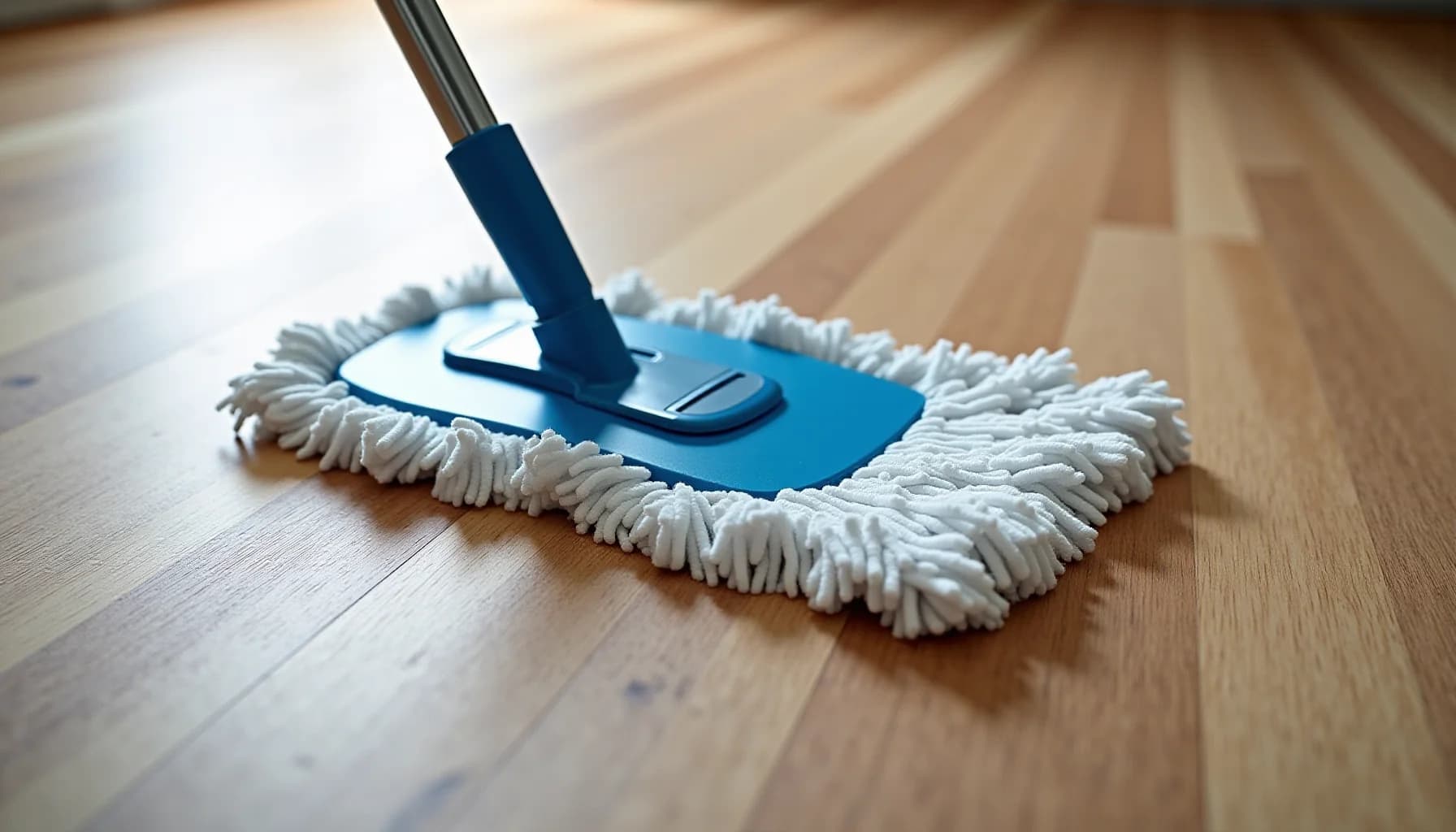 Blue-handled mop with white fringe head on light wooden flooring, positioned as if mid-cleaning