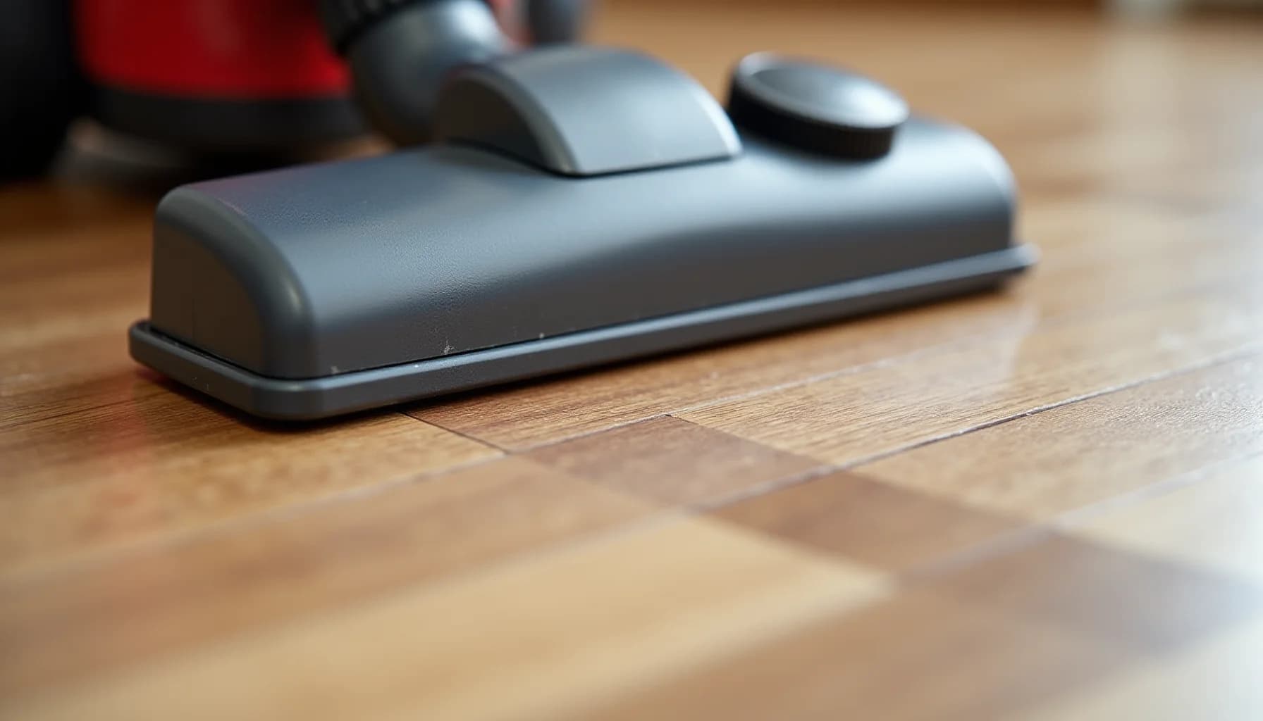Gray gaming controller with buttons resting on light wood laminate flooring