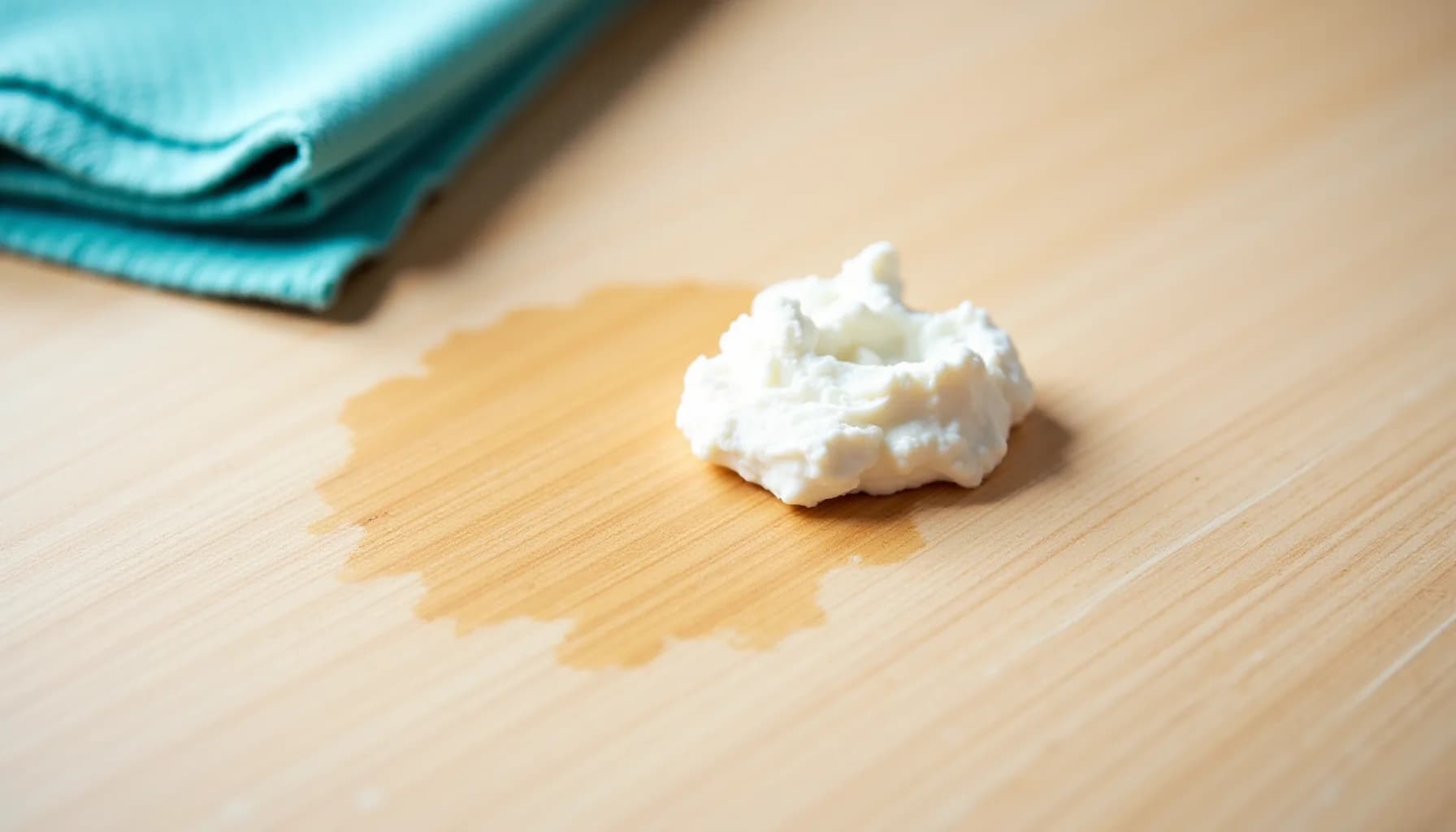 White cleaning product on light wood flooring with a liquid spill, blue cloth visible in background