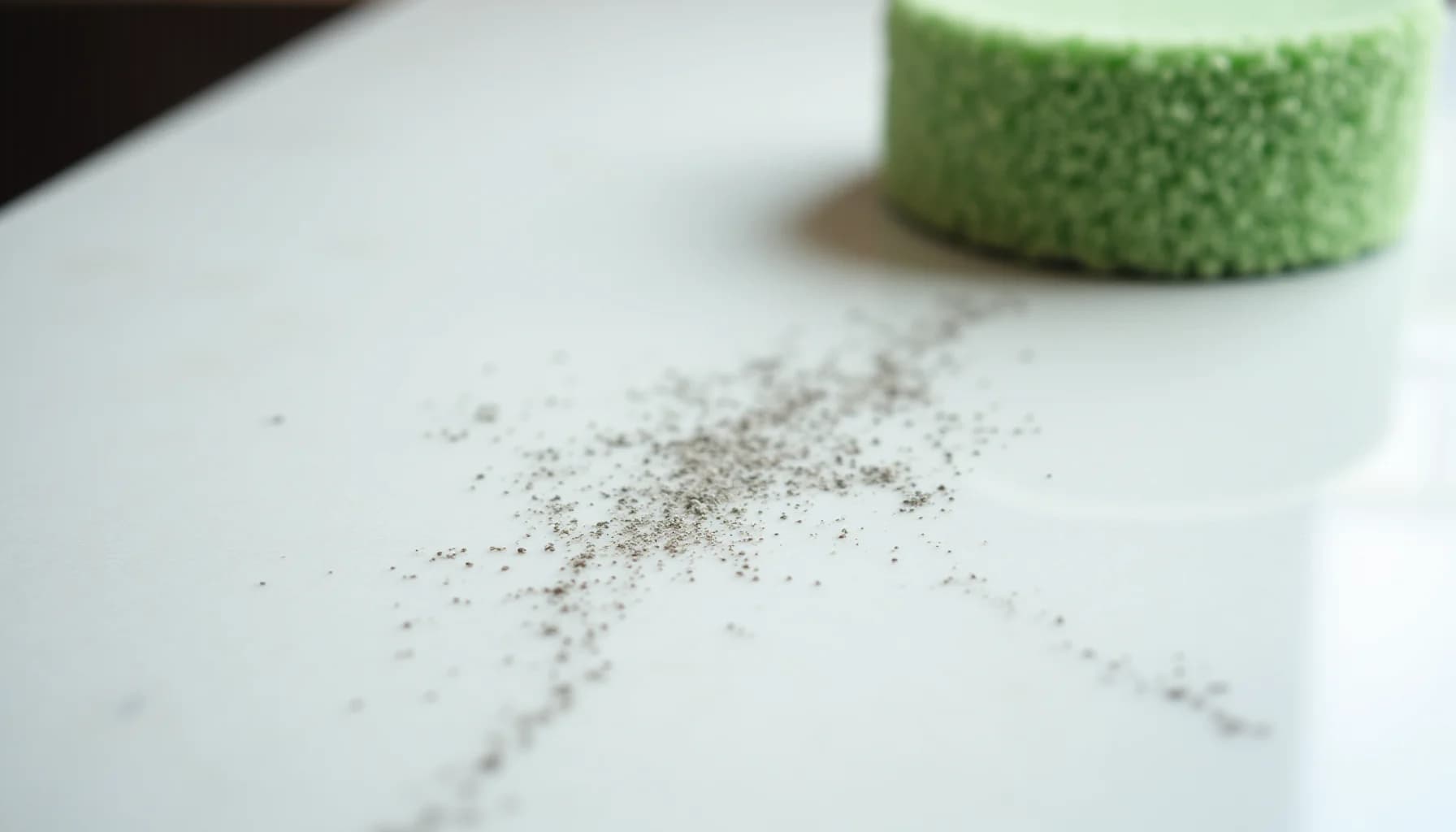 Fine dust and dirt scattered on white marble surface with a green textured cleaning sponge in the background