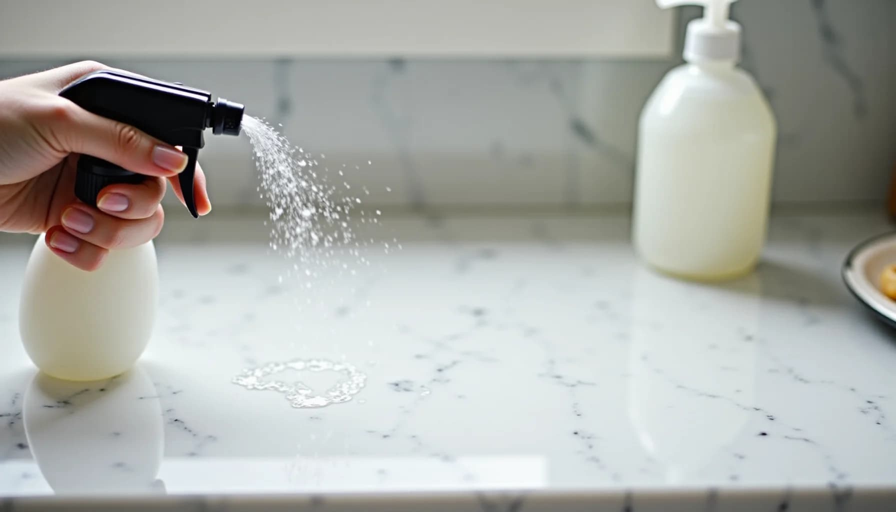 Hand holding black spray bottle misting cleaning solution onto white marble countertop with another bottle nearby