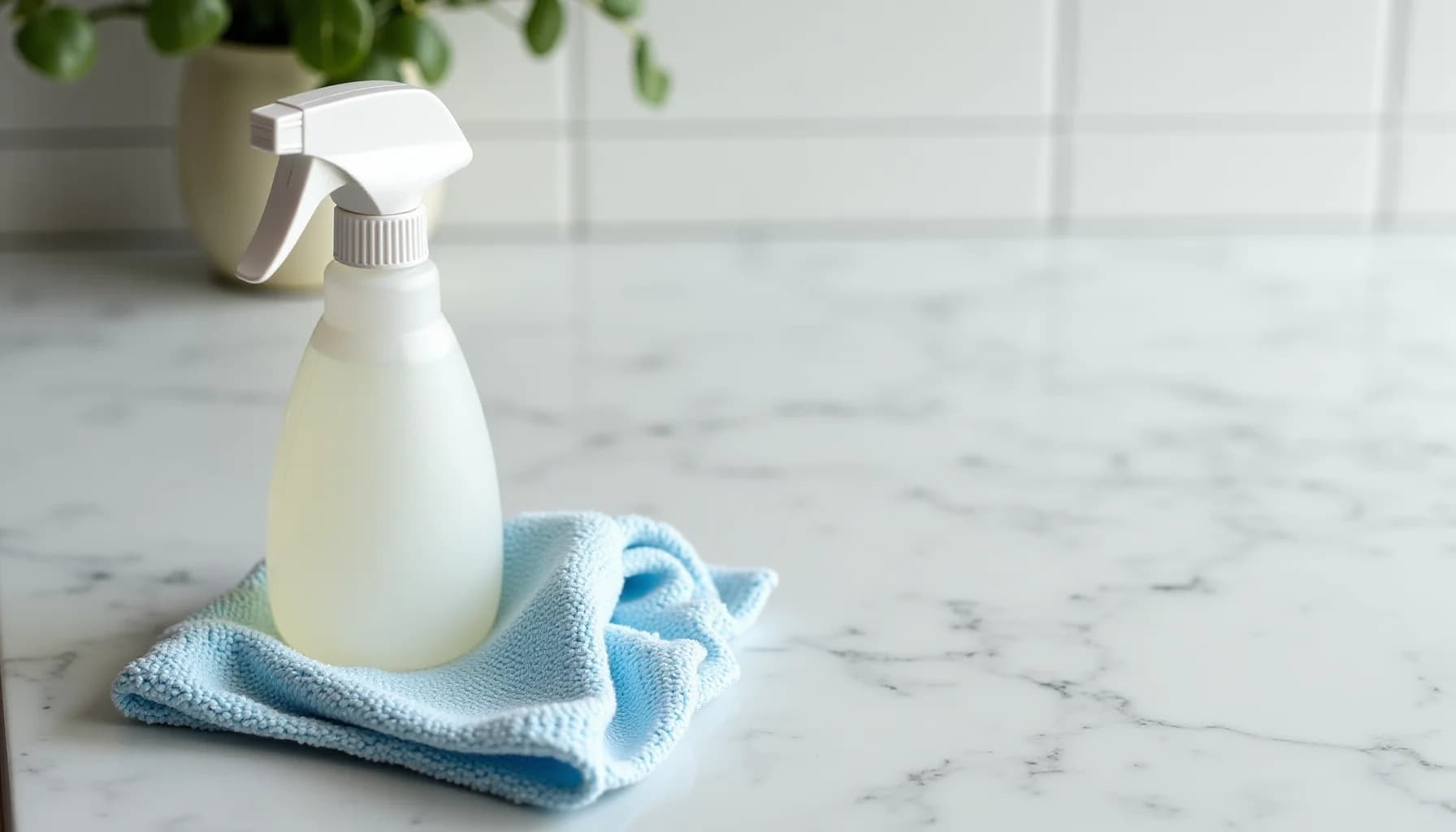 White spray bottle with trigger on blue cloth, potted green plant, marble countertop with white subway tile backsplash