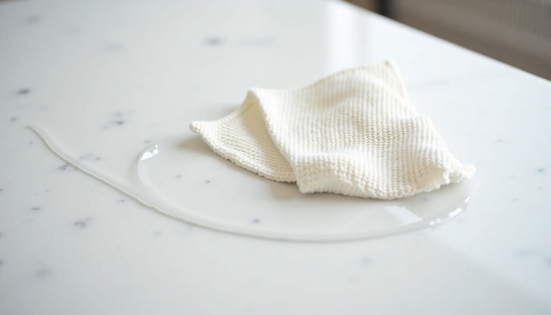 White textured cleaning cloth folded on a white speckled marble countertop surface