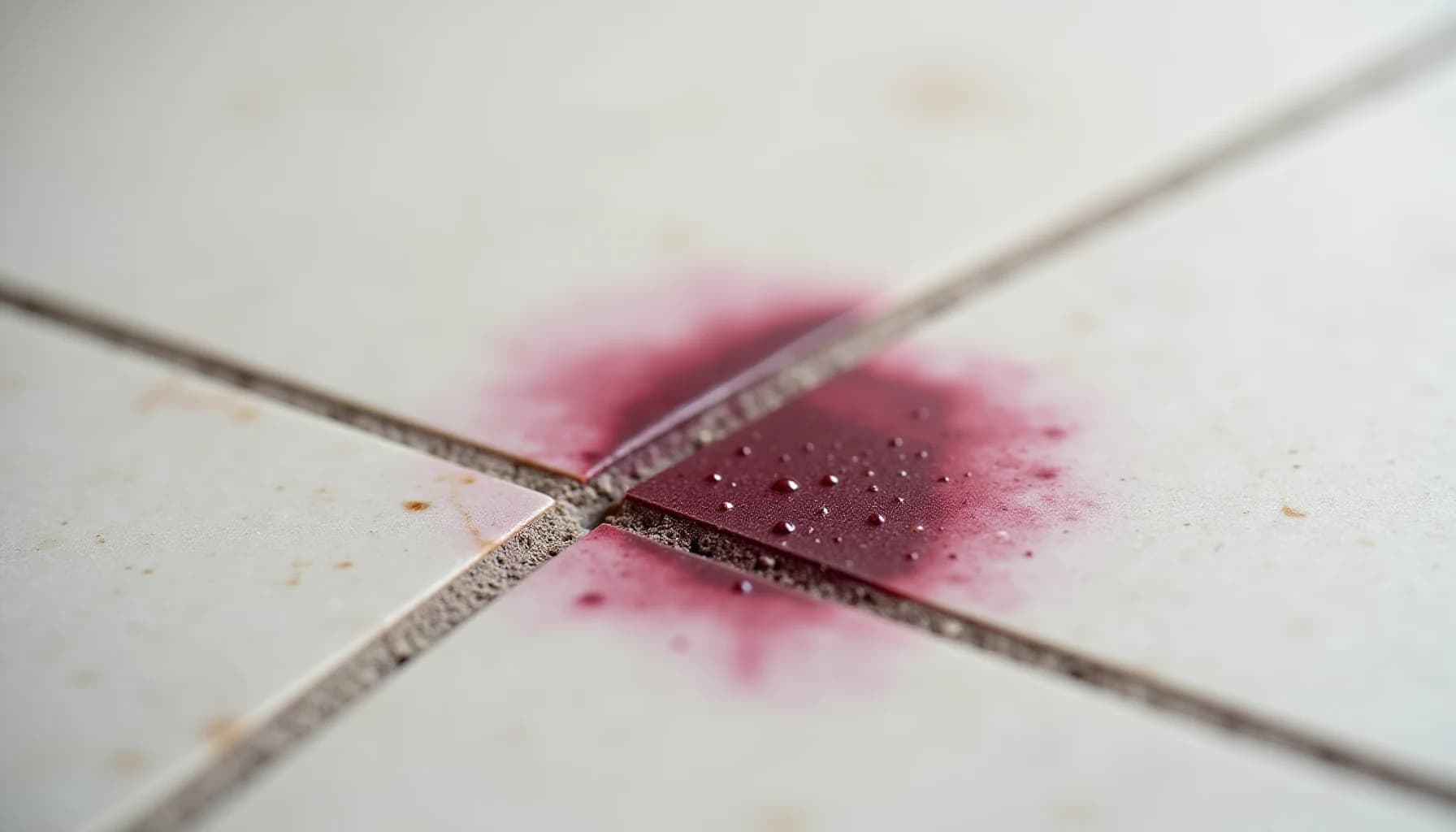 Pink liquid spilled on white marble tile with grout lines, a cleaning brush or tool positioned across the stain