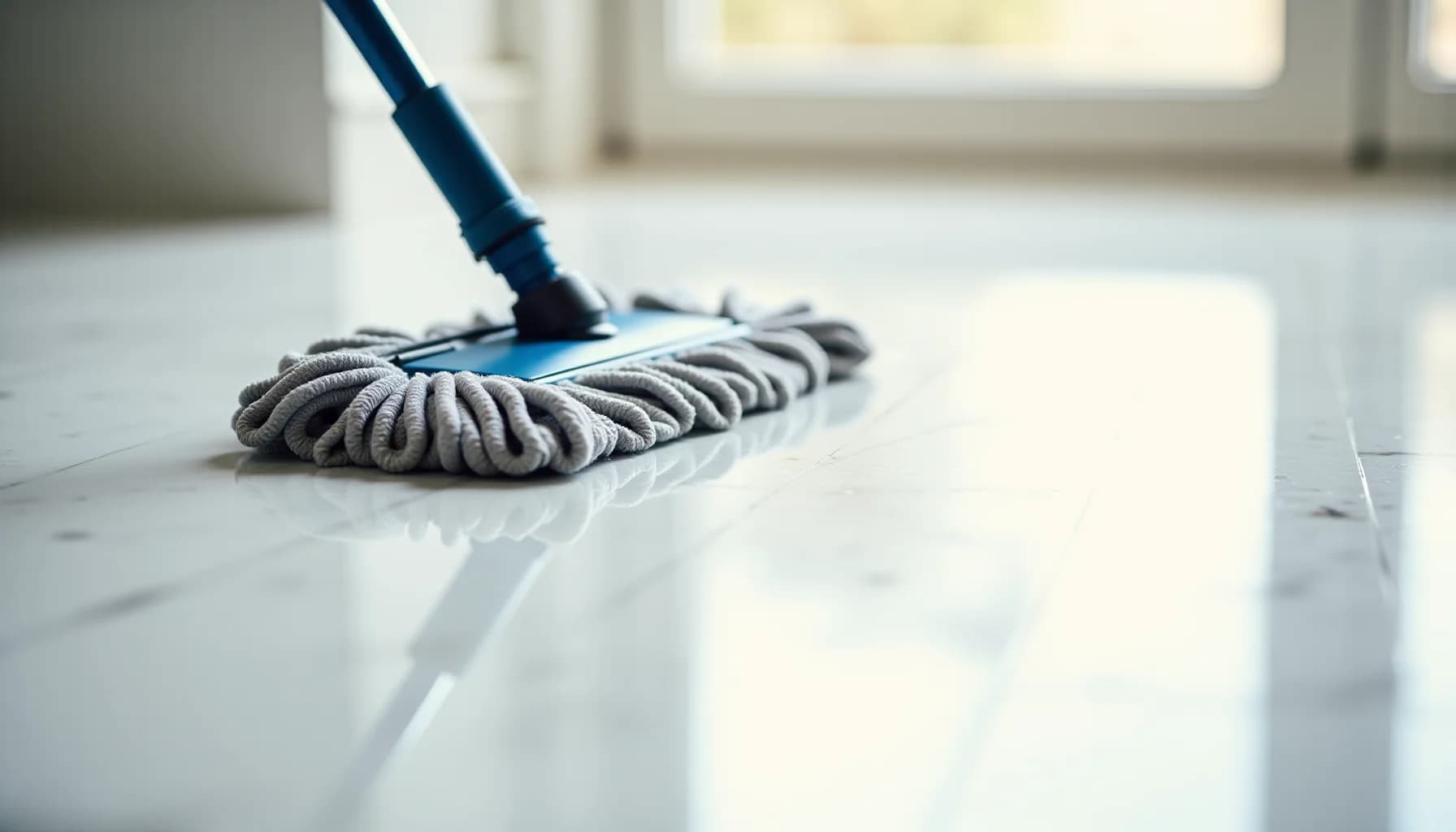 Gray twisted mop with blue handle on wet white marble floor in bright interior room