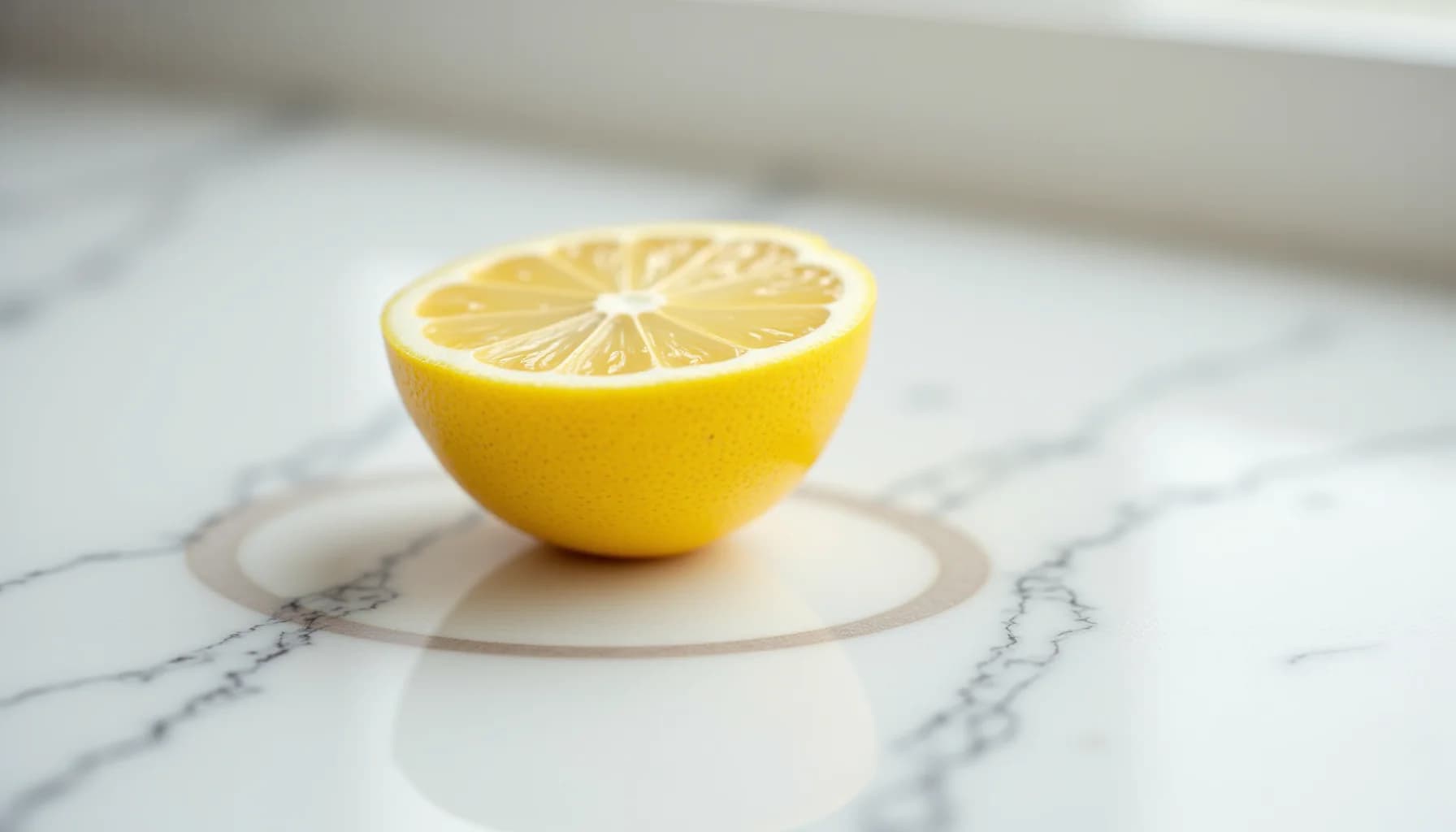 Half of a fresh yellow lemon with visible segments and juice, placed on a white marble surface with gray veining