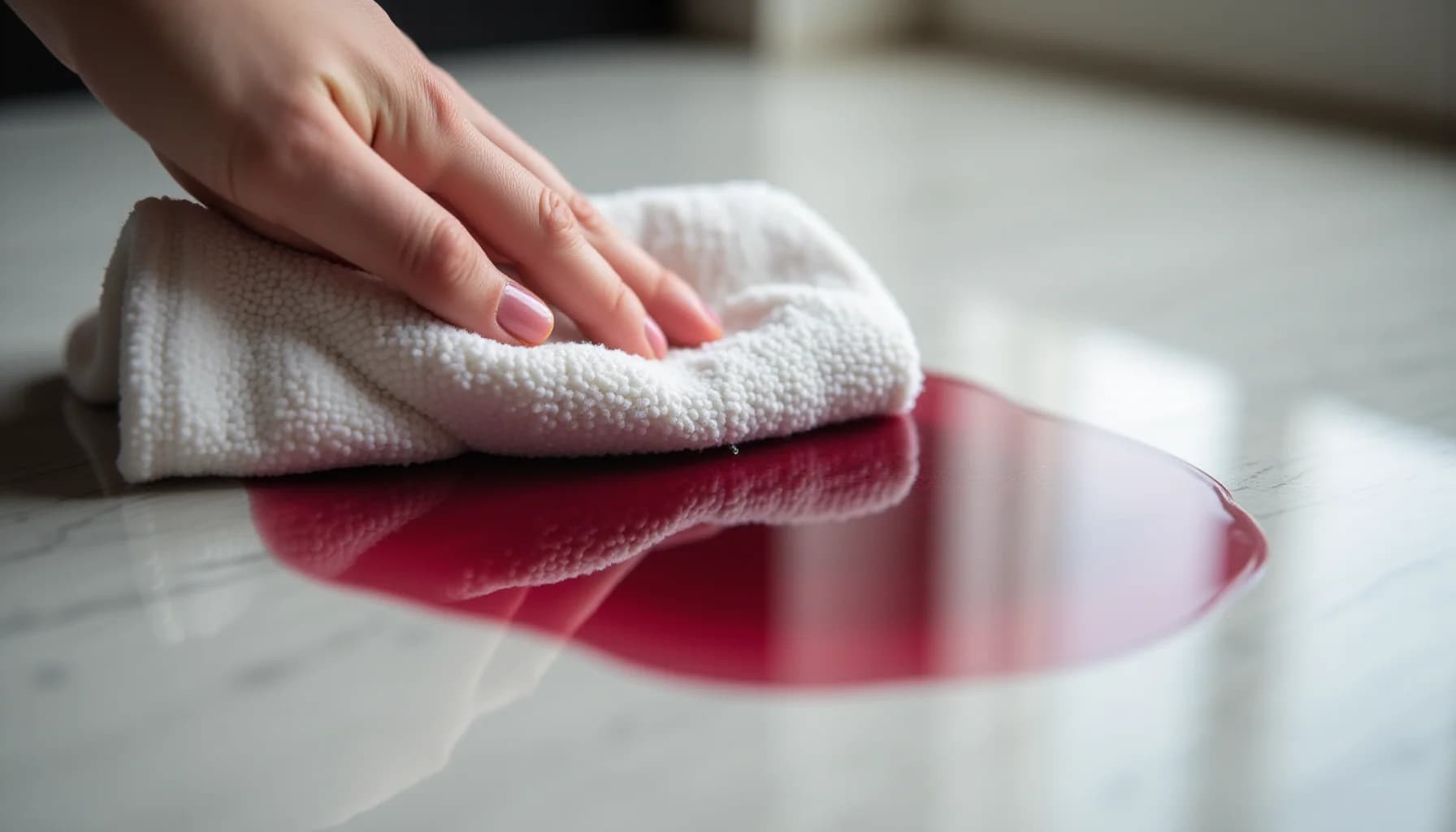 Hand with pink nail polish wiping a white marble surface with a white cloth, red liquid visible on the marble