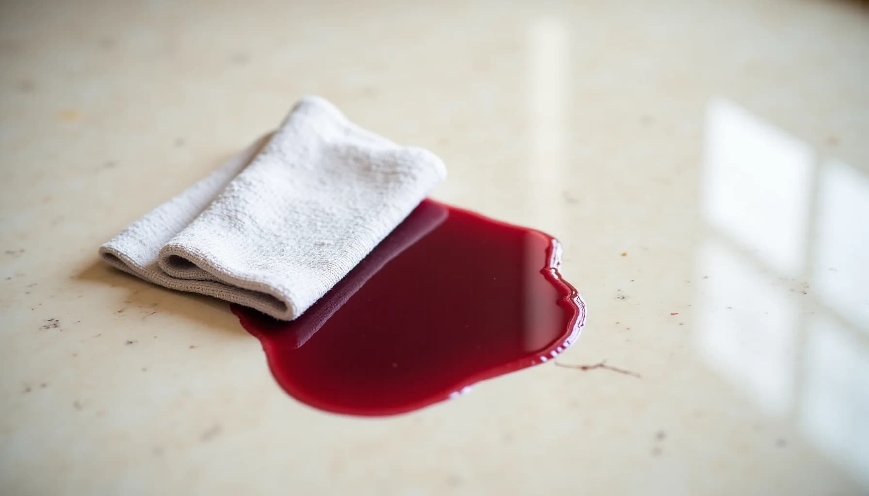White cloth and red liquid stain on light marble surface