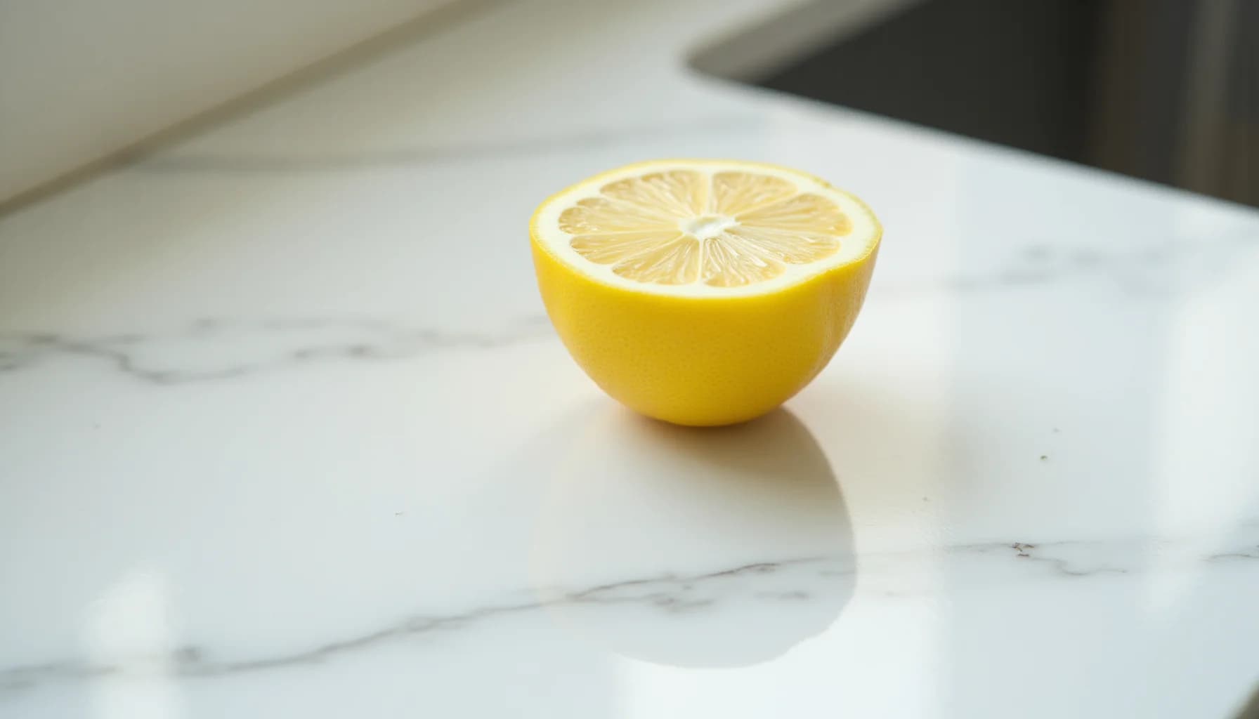 Half a lemon with visible seeds and flesh on a white marble countertop