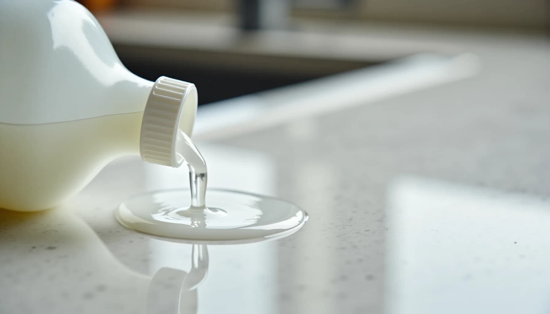 White bottle with dispenser cap pouring clear liquid onto a polished marble countertop surface