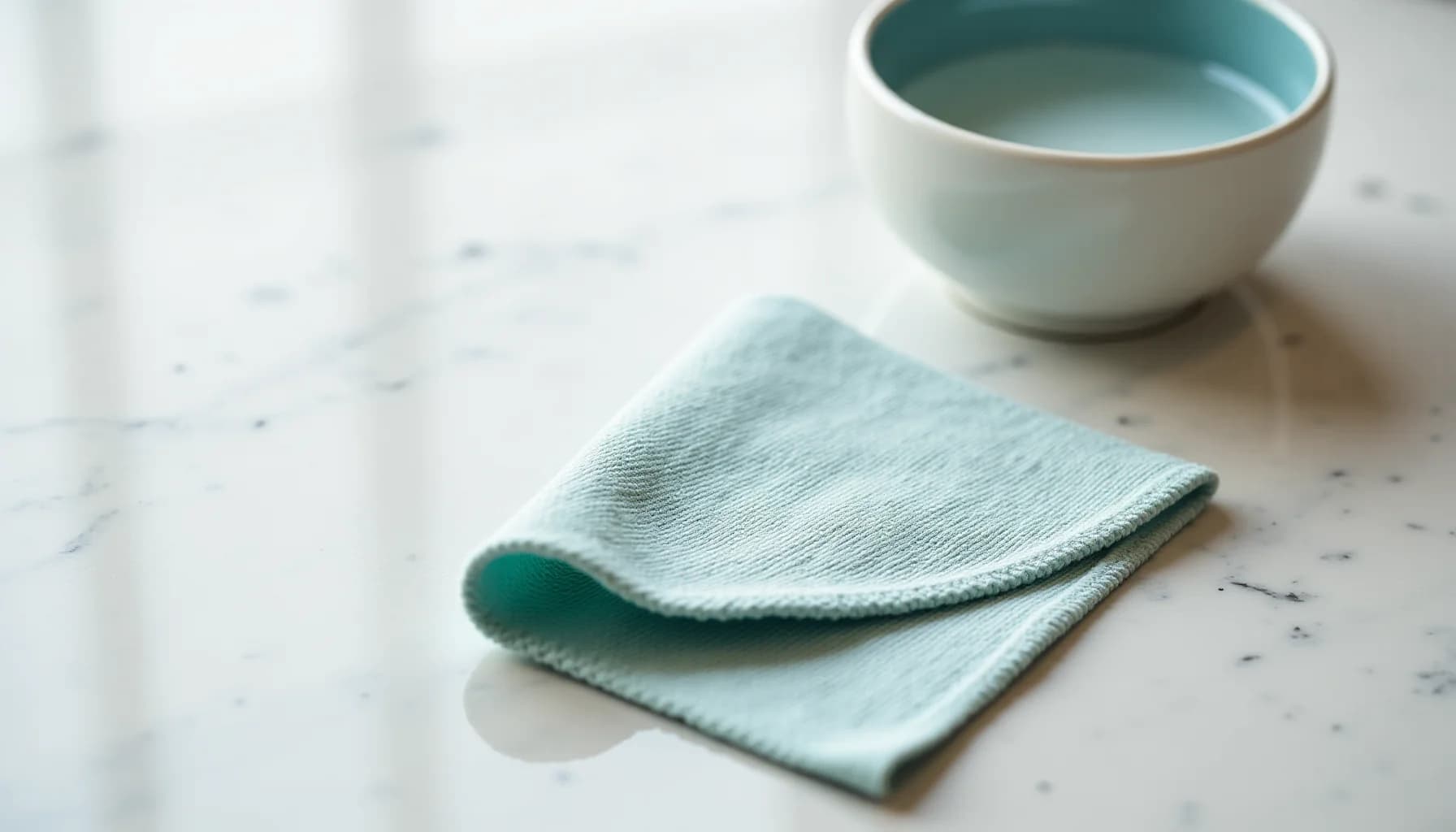 A folded light teal cloth and a white ceramic bowl with teal-tinted liquid sit on a white marble surface with subtle