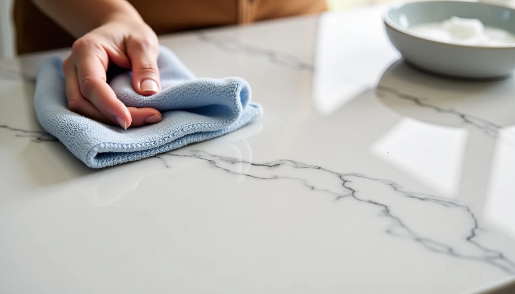 Hand holding a blue microfiber cloth, cleaning white marble countertop; bowl and cloth visible in background