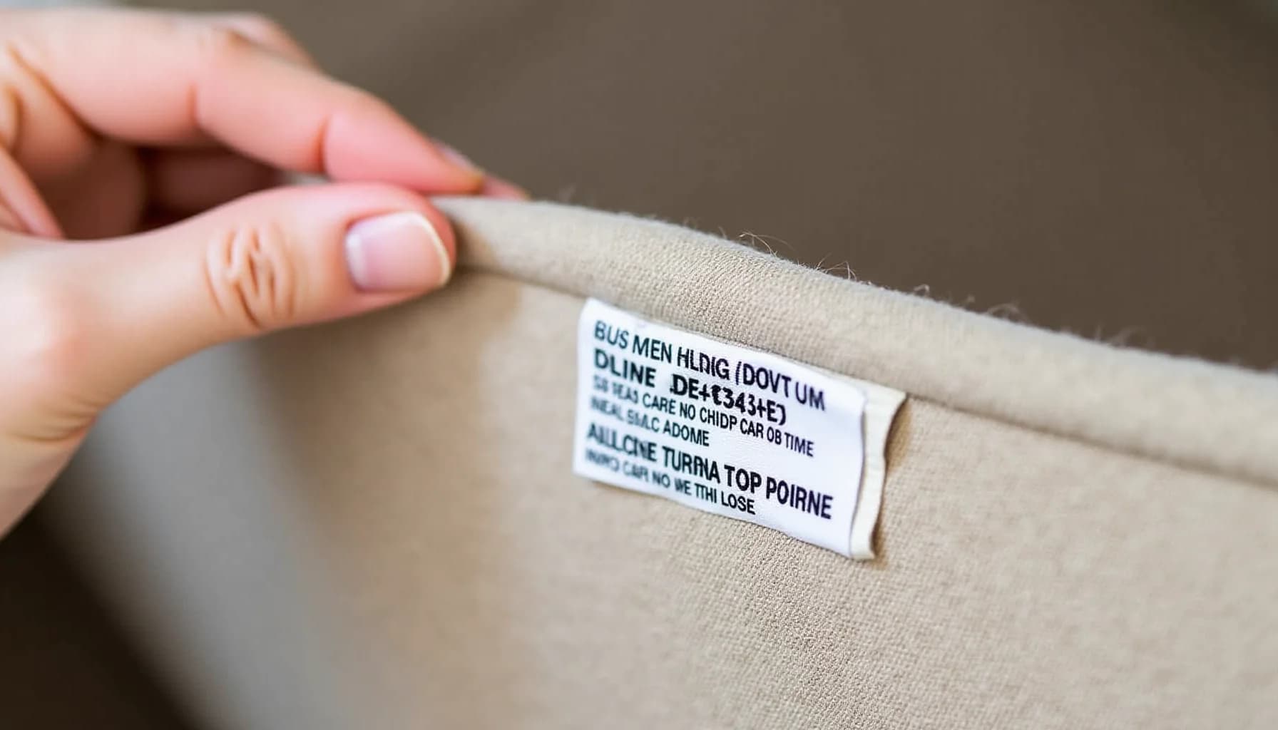 Hand pointing to a white care label attached to beige microfiber fabric, showing cleaning instructions in blue text