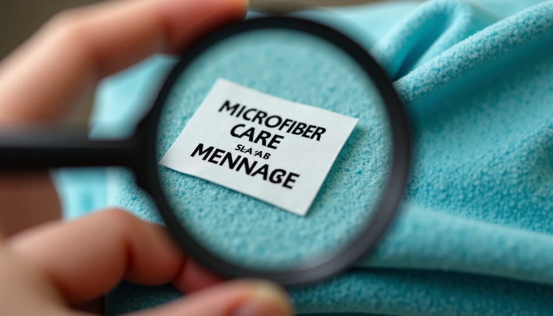 Magnifying glass magnifying a white care label reading 'MICROFIBER CARE' and 'MENAGE' on turquoise microfiber fabric