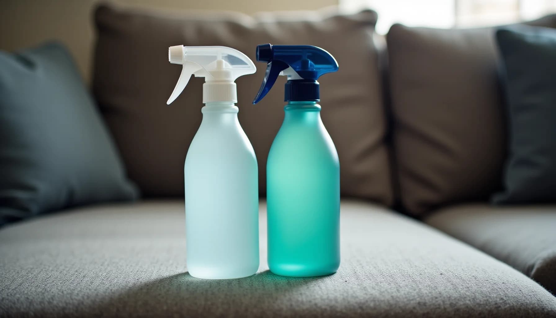 Two spray bottles with trigger nozzles on a gray fabric couch surface, one with clear liquid and white nozzle, one with