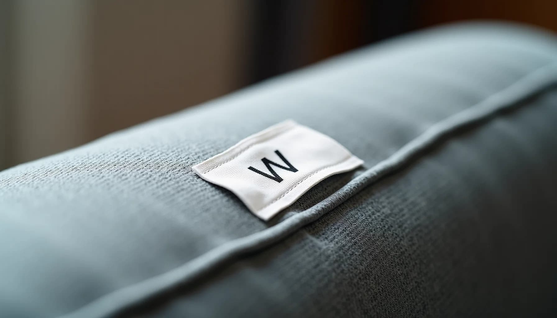 a white fabric care label with a black 'W' symbol sewn onto light blue-gray microfiber textile