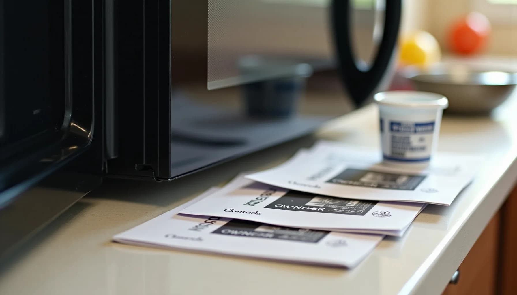 Microwave and desk workspace with printed brochures, coffee cup, computer monitor, and headphones on wooden surface