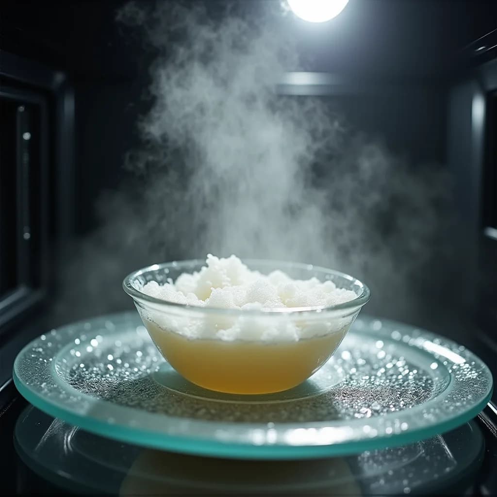 Glass bowl filled with white foam or whipped topping and pale liquid on a glass plate, surrounded by steam inside a