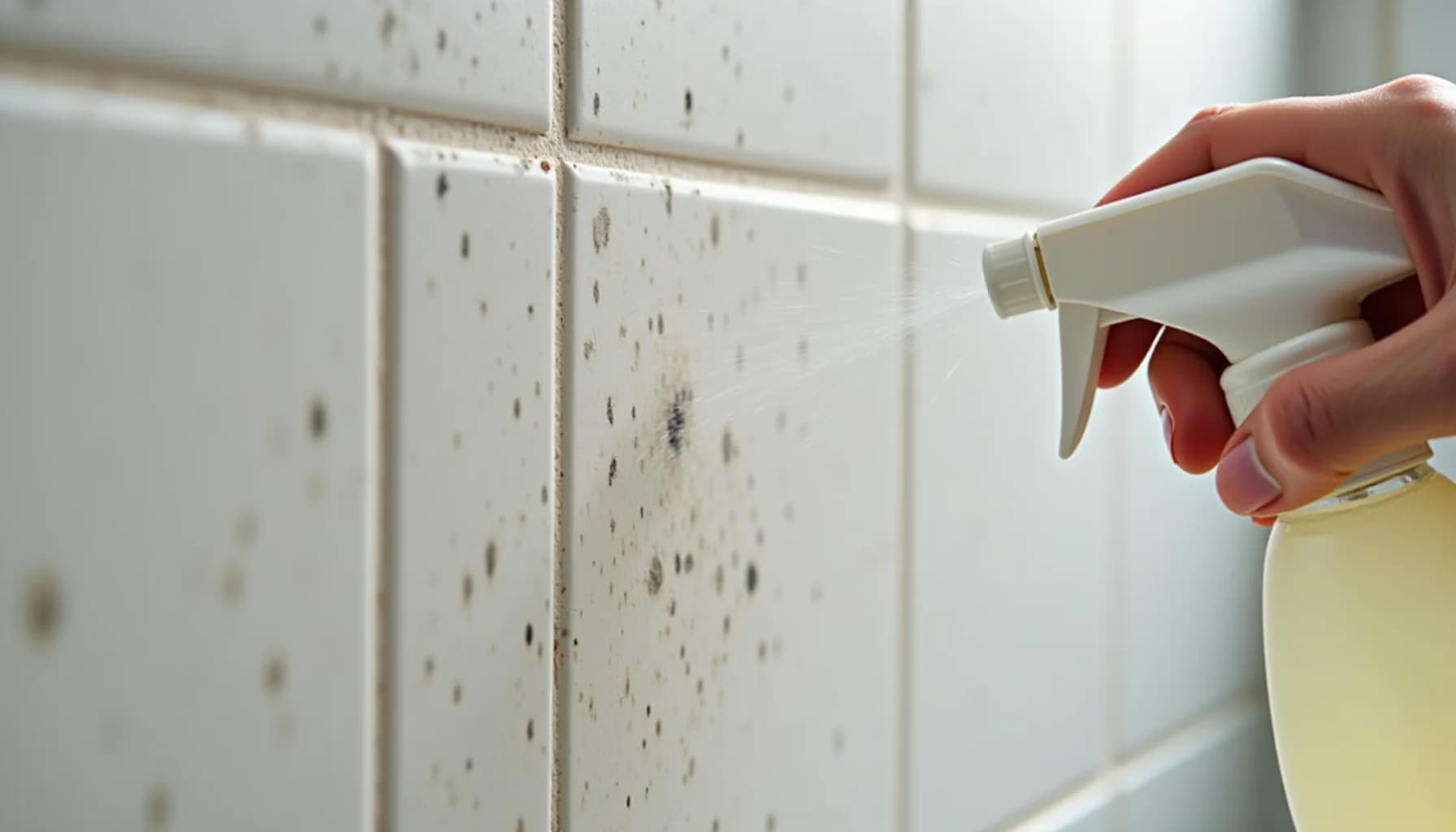 Hand holding spray bottle with yellow liquid, spraying white bathroom tiles with visible mold spots and dark stains