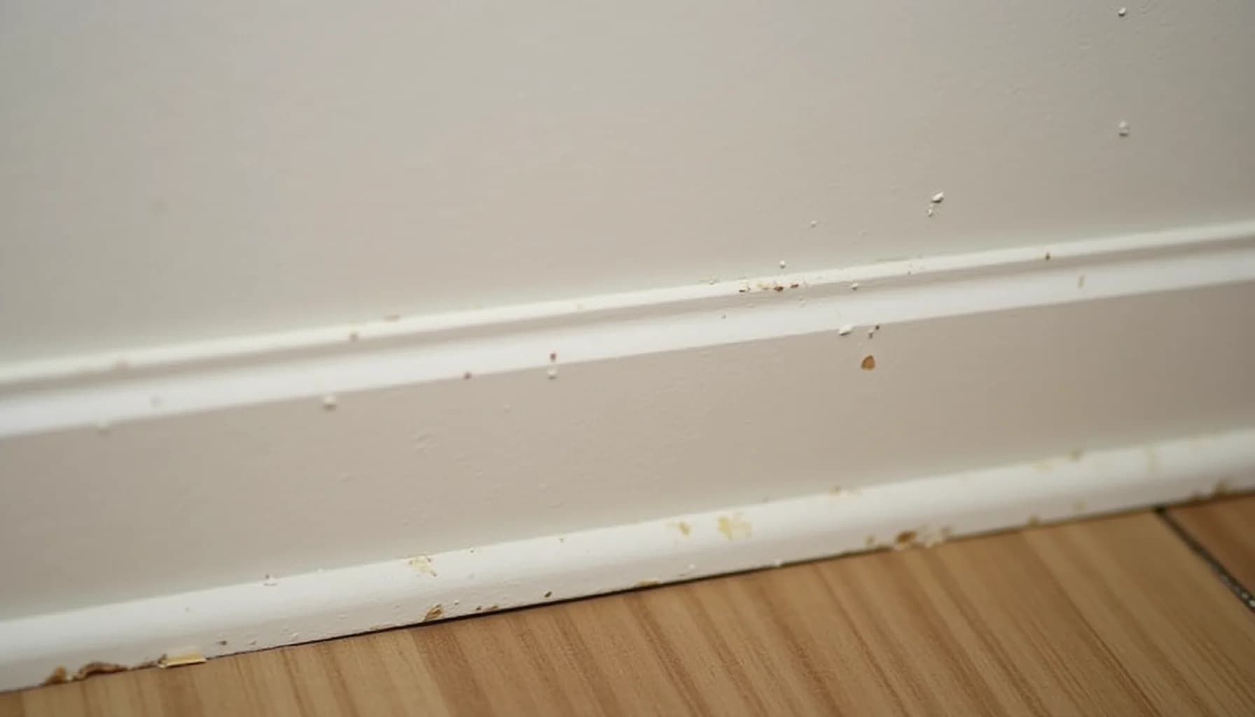white painted trim and beige wall meeting wooden flooring, with brown mold or mildew spots visible on the surfaces