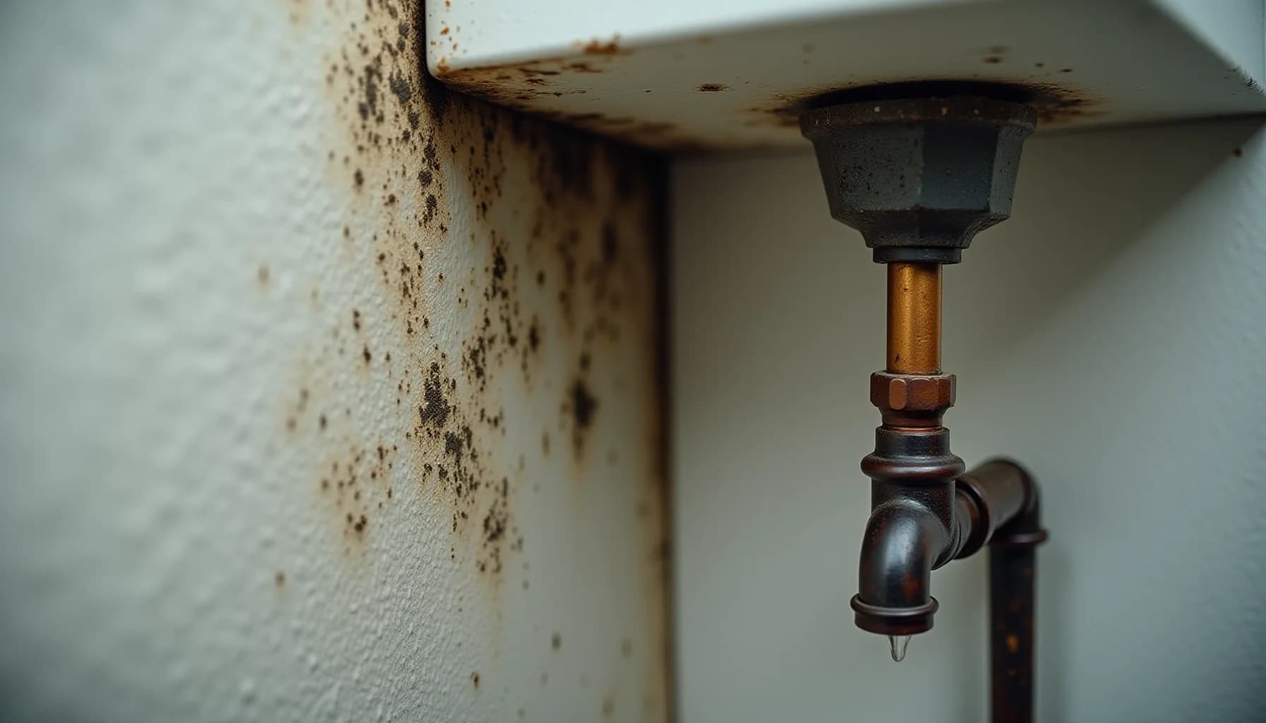 Corroded copper and brass water pipe with black cap mounted on moldy white wall showing rust stains and discoloration